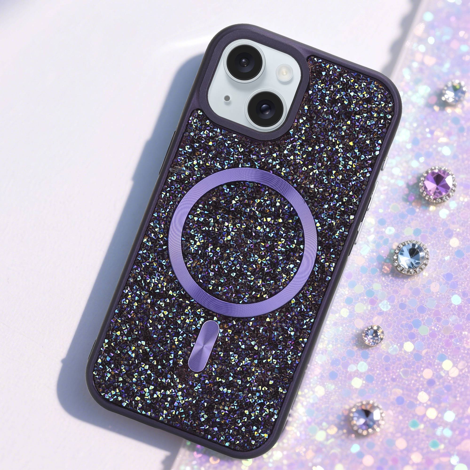 Schutzhülle für iPhone 15 Hülle in Lila kompatibel mit MagSafe Case Cover Glitzer Diamant Style-1