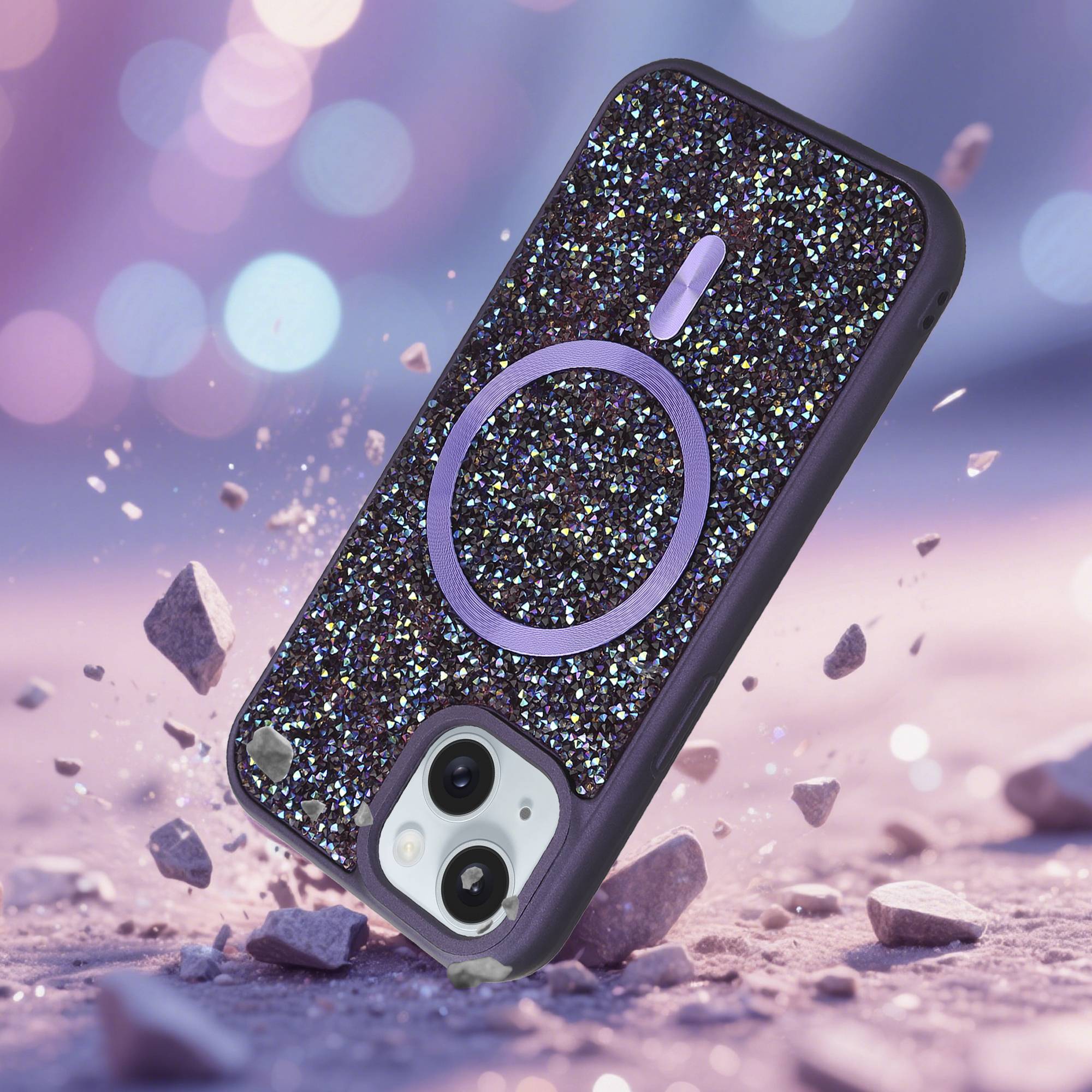 Schutzhülle für iPhone 15 Hülle in Lila kompatibel mit MagSafe Case Cover Glitzer Diamant Style-2