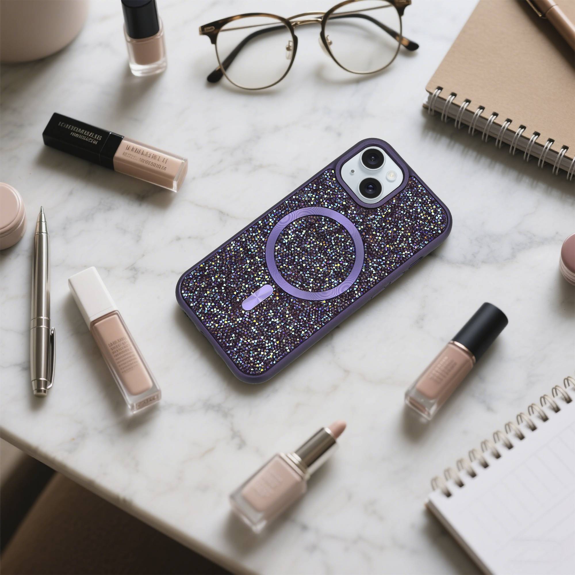 Schutzhülle für iPhone 15 Hülle in Lila kompatibel mit MagSafe Case Cover Glitzer Diamant Style-4