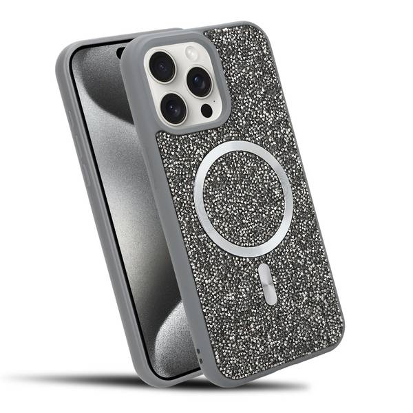 Schutzhülle für iPhone 15 PRO Hülle in Grau kompatibel mit MagSafe Case Cover Glitzer Diamant Style