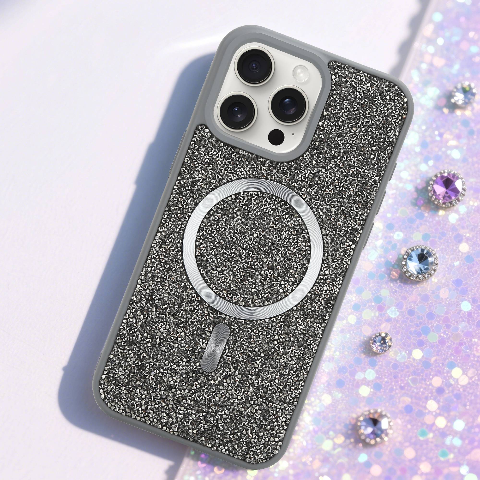 Schutzhülle für iPhone 15 PRO Hülle in Grau kompatibel mit MagSafe Case Cover Glitzer Diamant Style-1