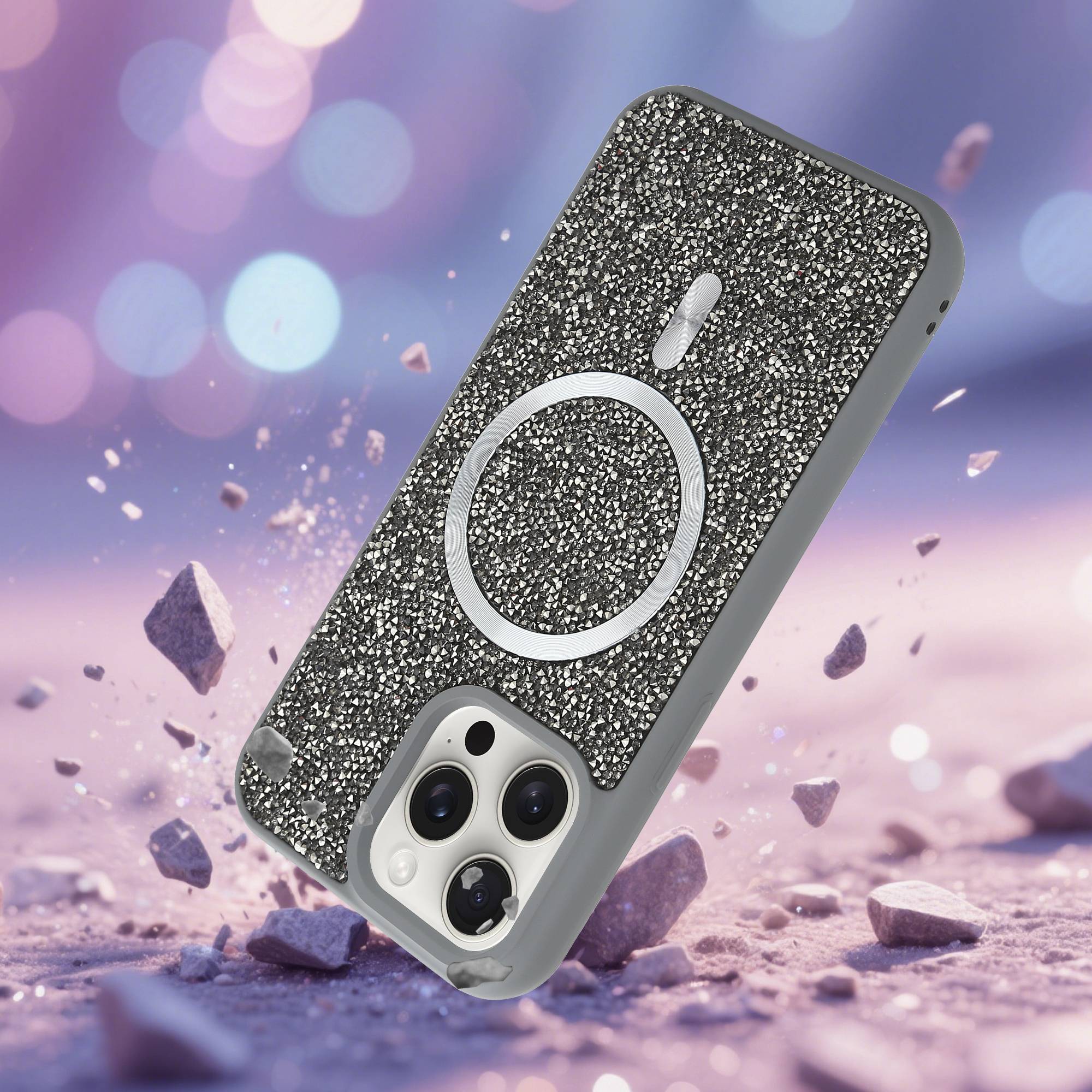 Schutzhülle für iPhone 15 PRO Hülle in Grau kompatibel mit MagSafe Case Cover Glitzer Diamant Style-2