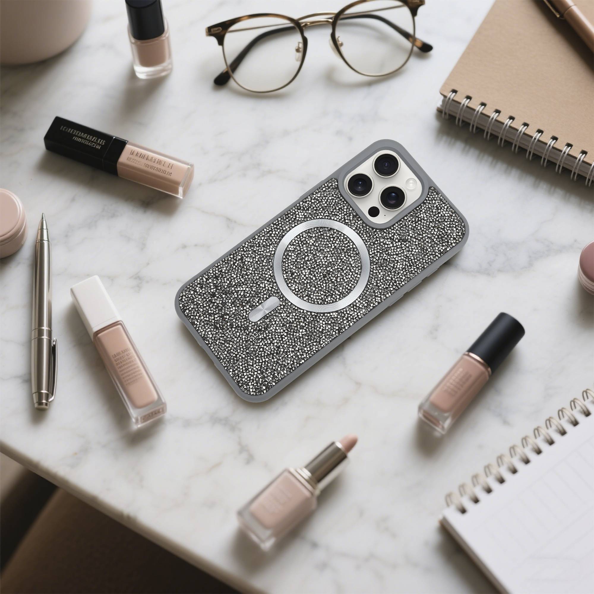 Schutzhülle für iPhone 15 PRO Hülle in Grau kompatibel mit MagSafe Case Cover Glitzer Diamant Style-4