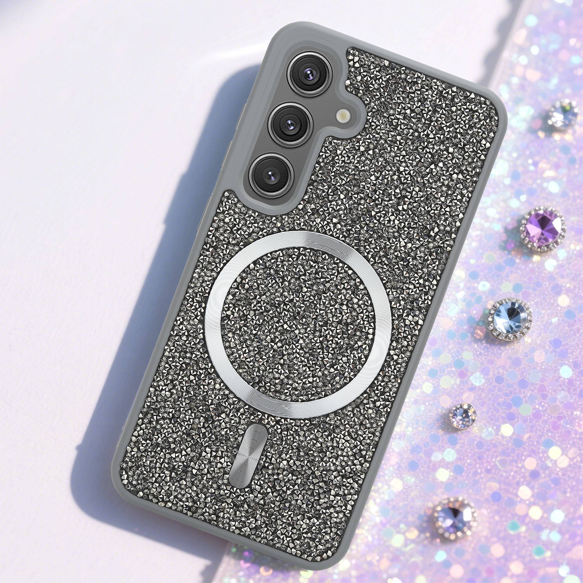 Schutzhülle für Samsung Galaxy S24 Hülle in Grau kompatibel mit MagSafe Case Cover Glitzer Diamant Style-1