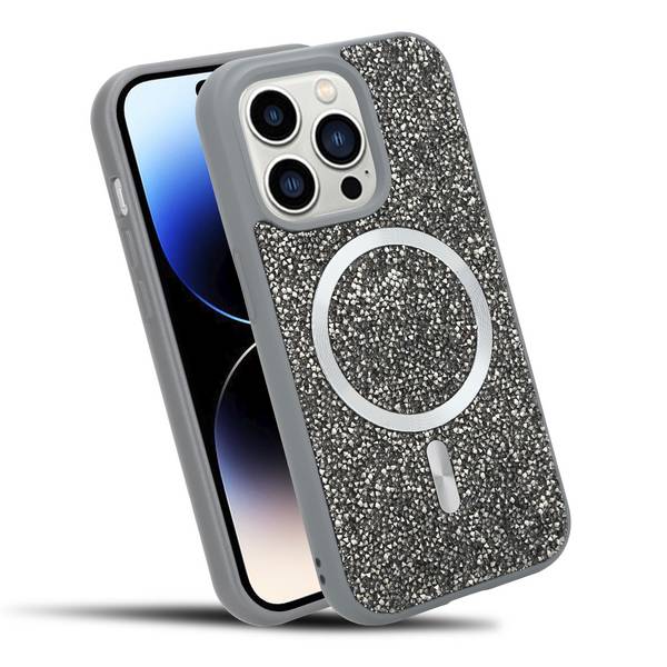 Schutzhülle für iPhone 14 PRO Hülle in Grau kompatibel mit MagSafe Case Cover Glitzer Diamant Style