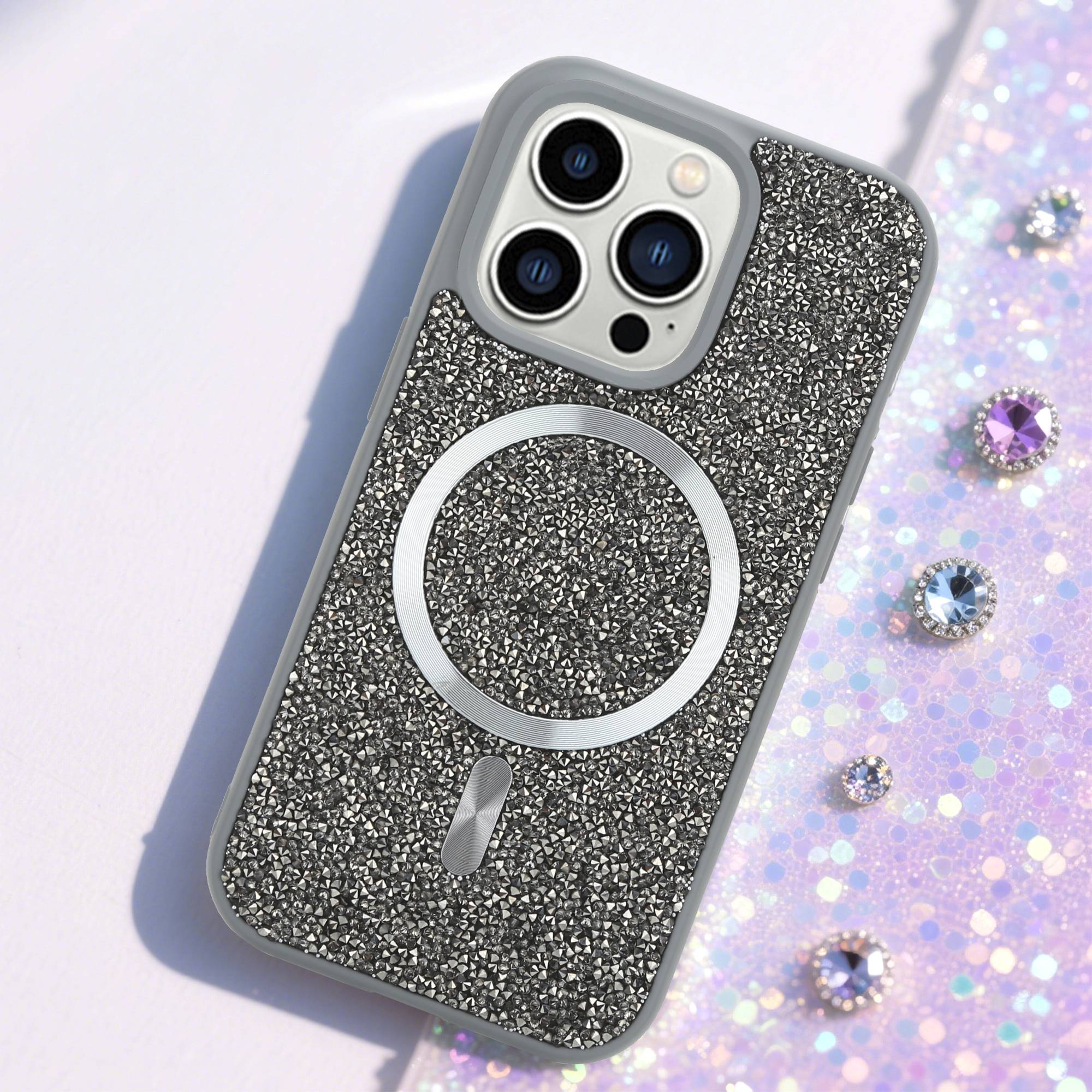 Schutzhülle für iPhone 14 PRO Hülle in Grau kompatibel mit MagSafe Case Cover Glitzer Diamant Style-1