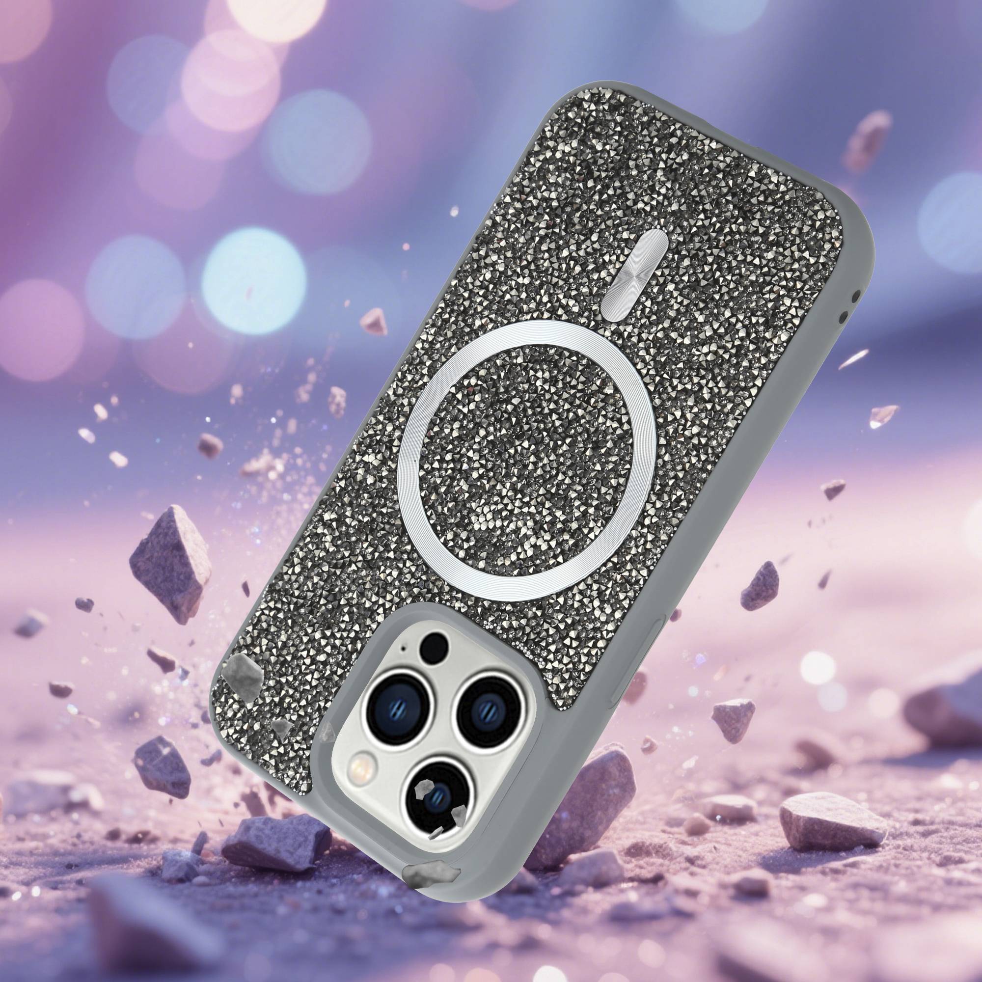 Schutzhülle für iPhone 14 PRO Hülle in Grau kompatibel mit MagSafe Case Cover Glitzer Diamant Style-2