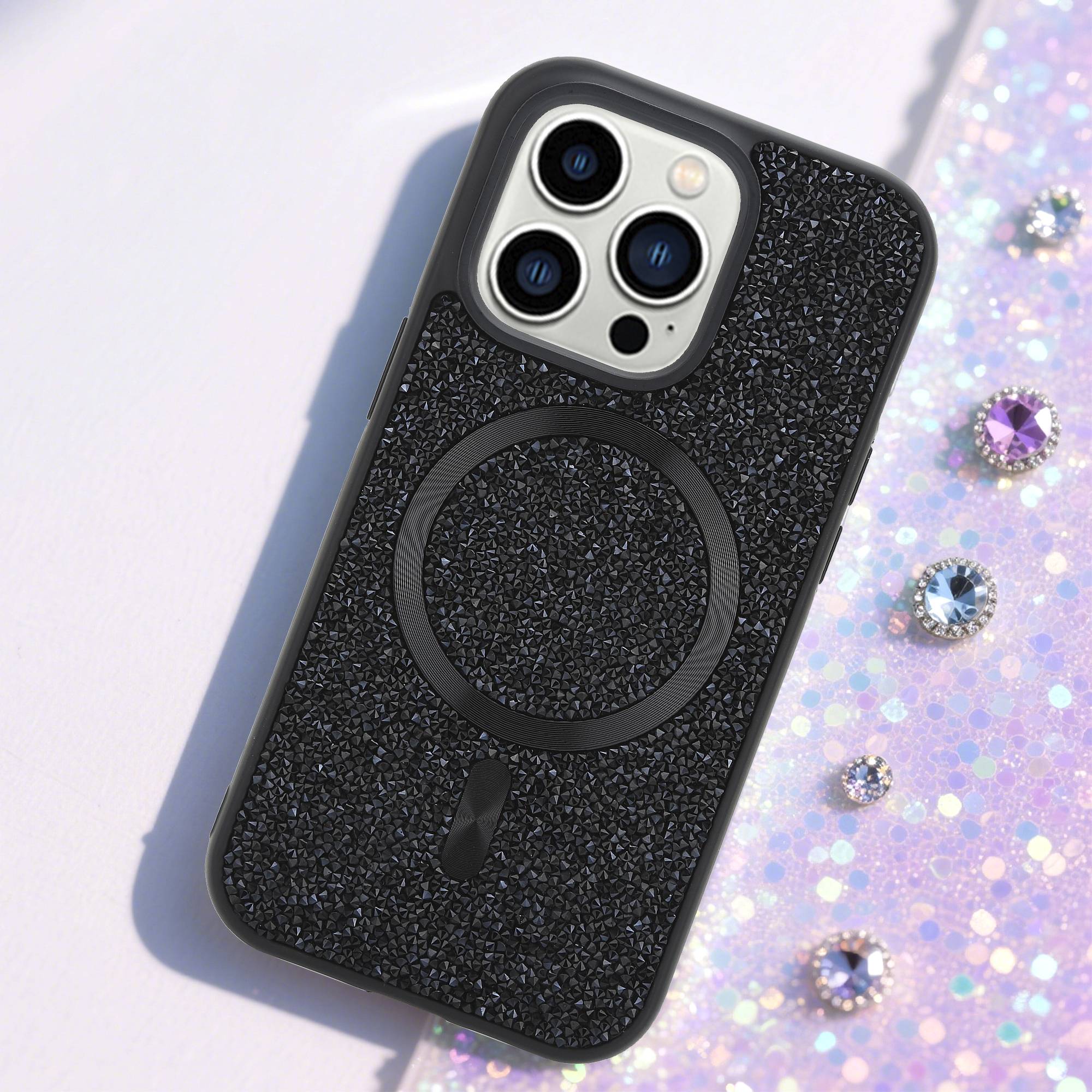 Schutzhülle für iPhone 14 PRO Hülle in Schwarz kompatibel mit MagSafe Case Cover Glitzer Diamant Style-1