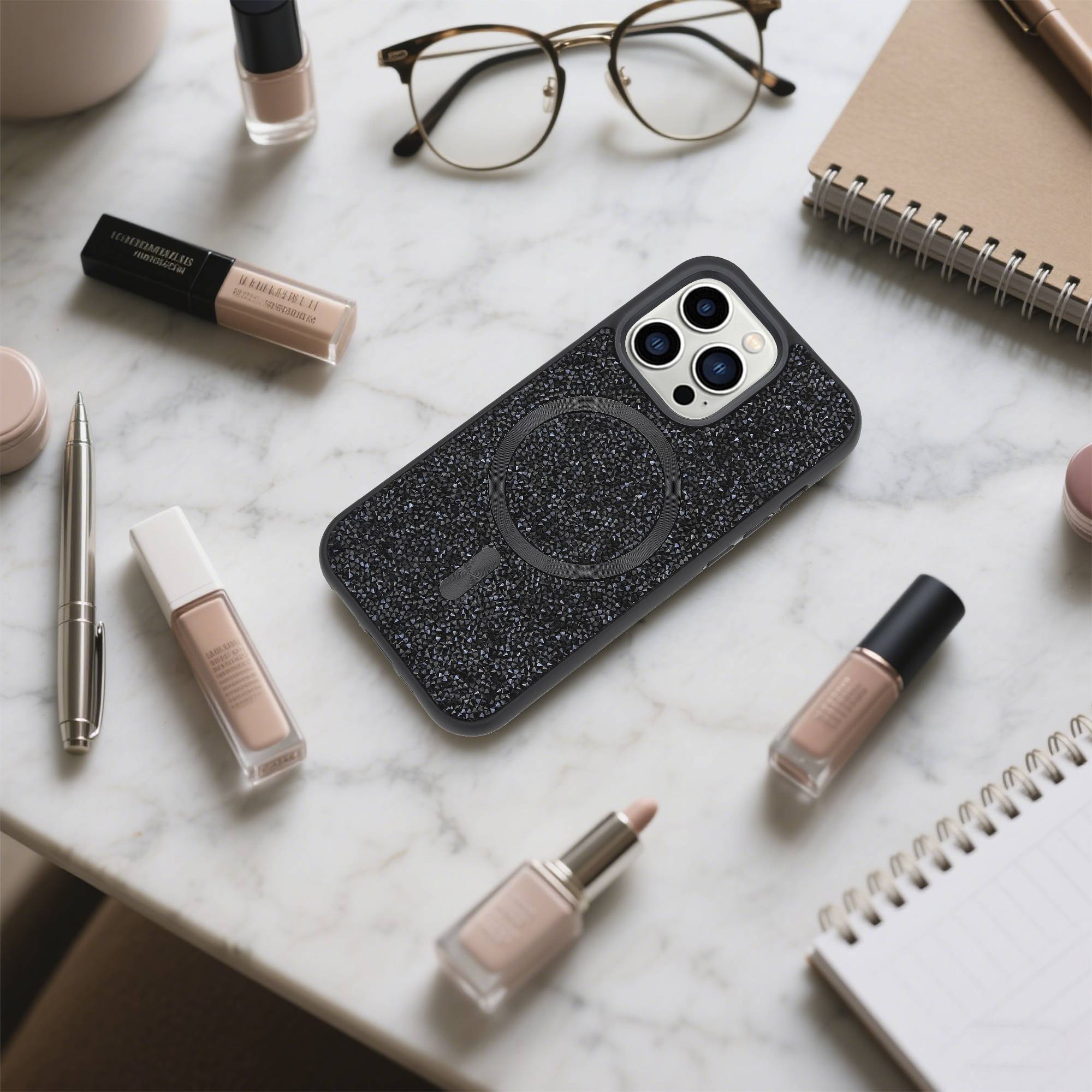 Schutzhülle für iPhone 14 PRO Hülle in Schwarz kompatibel mit MagSafe Case Cover Glitzer Diamant Style-4
