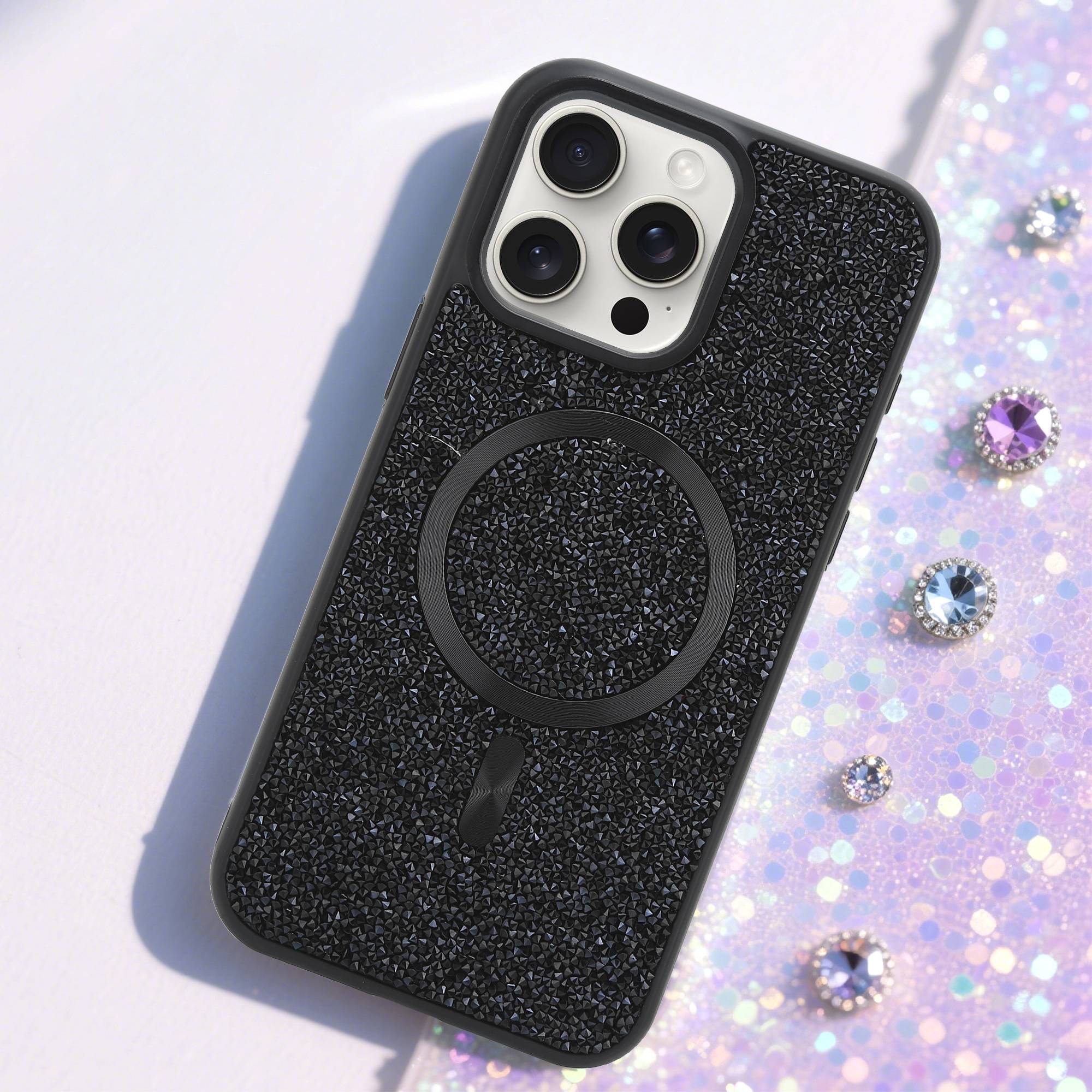 Schutzhülle für iPhone 15 PRO Hülle in Schwarz kompatibel mit MagSafe Case Cover Glitzer Diamant Style-1
