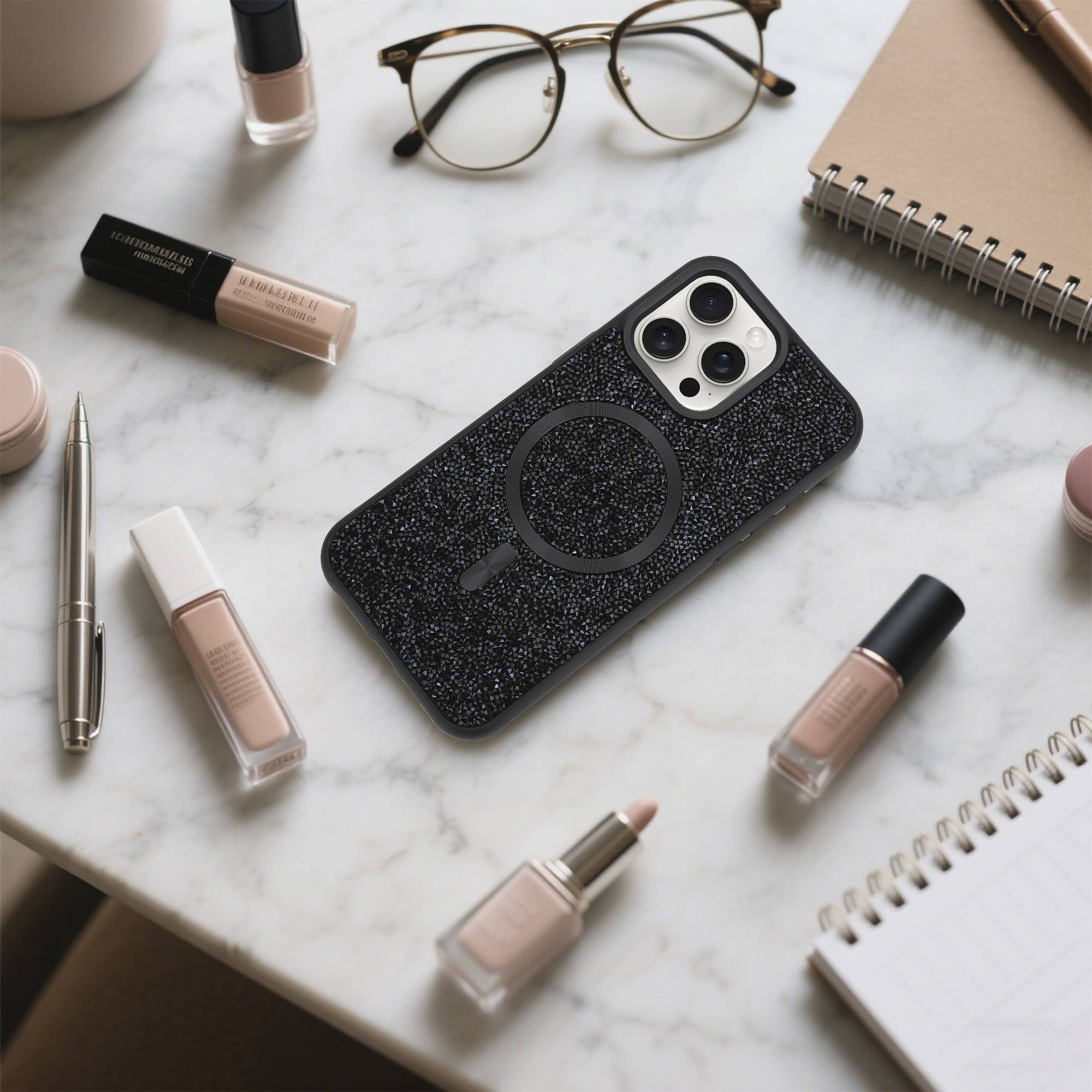 Schutzhülle für iPhone 15 PRO Hülle in Schwarz kompatibel mit MagSafe Case Cover Glitzer Diamant Style-4