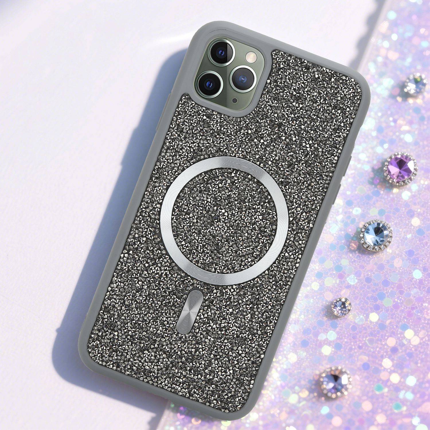 Schutzhülle für iPhone 11 PRO MAX Hülle in Grau kompatibel mit MagSafe Case Cover Glitzer Diamant Style-1