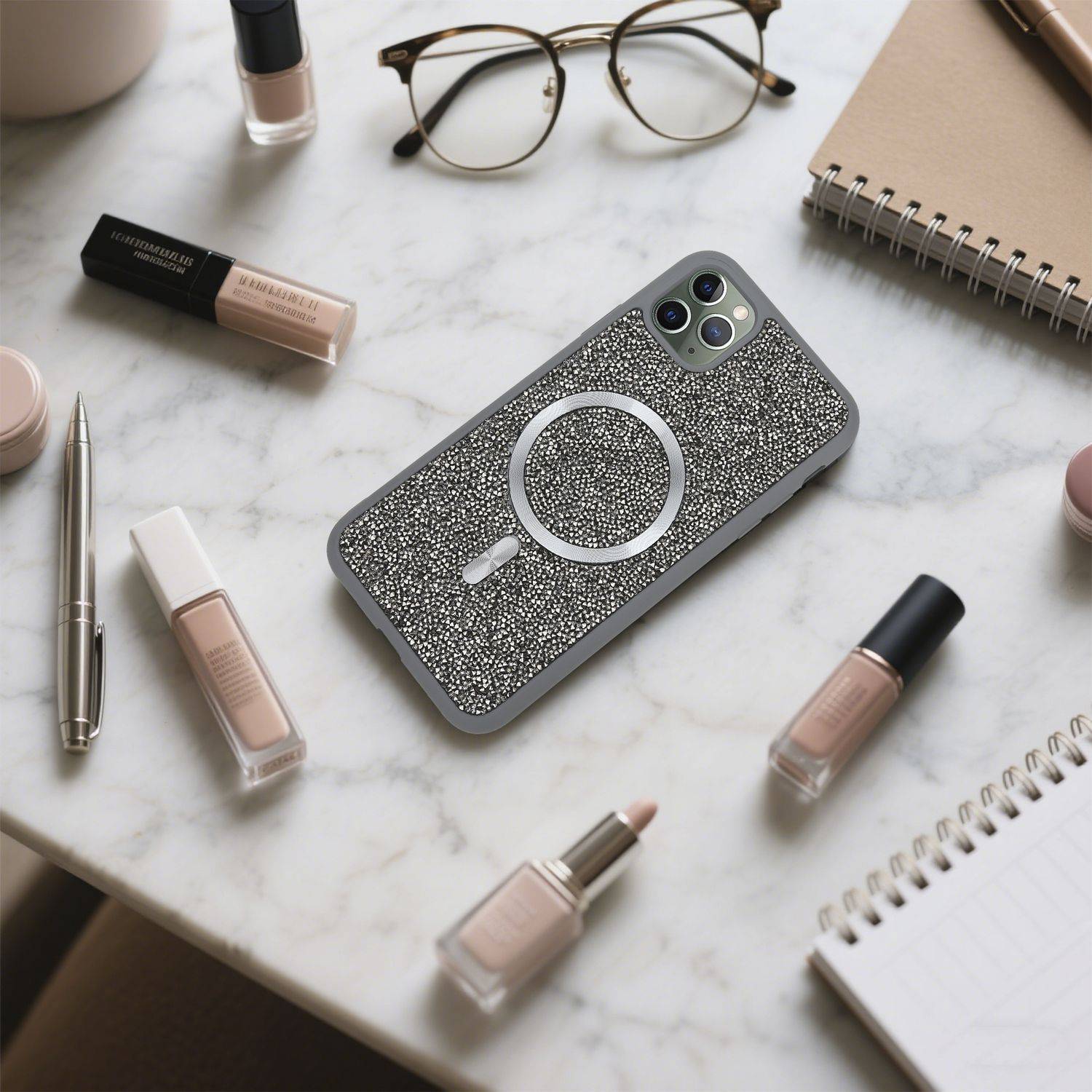 Schutzhülle für iPhone 11 PRO MAX Hülle in Grau kompatibel mit MagSafe Case Cover Glitzer Diamant Style-4