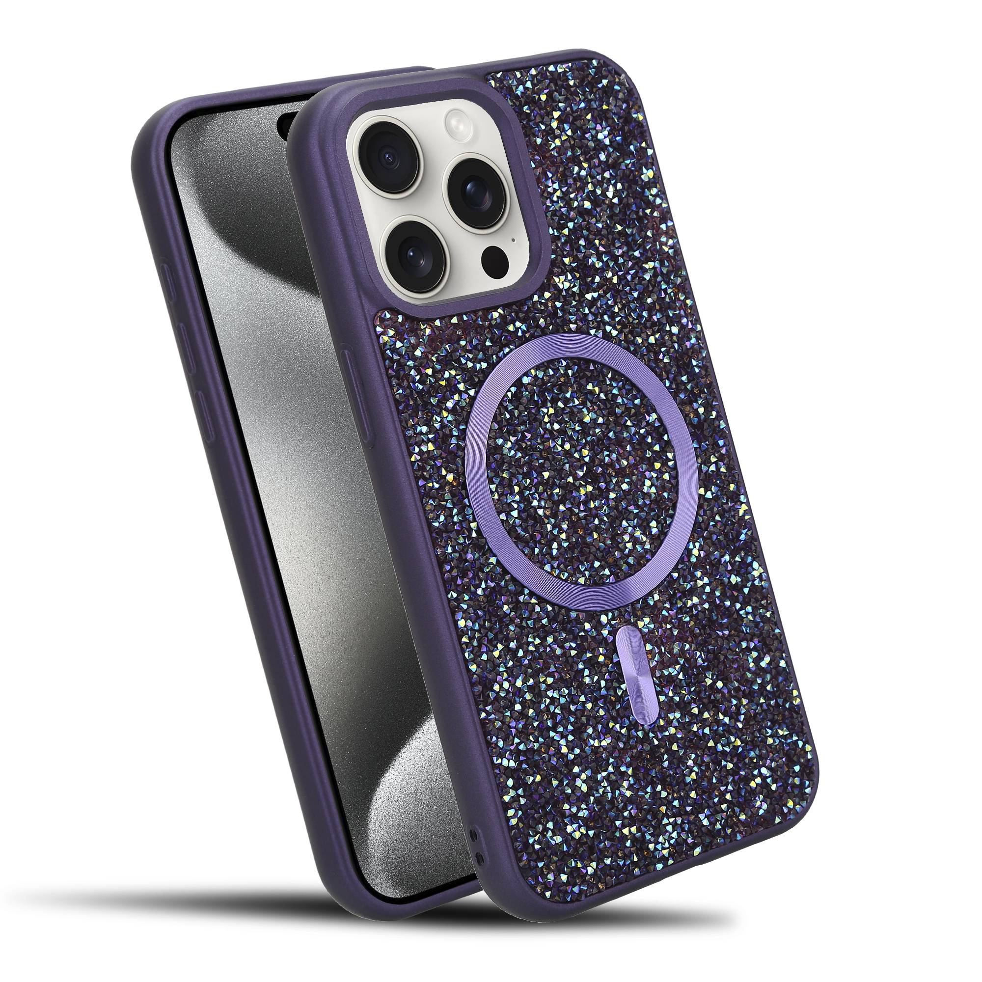 Schutzhülle für iPhone 15 PRO Hülle in Lila kompatibel mit MagSafe Case Cover Glitzer Diamant Style-0