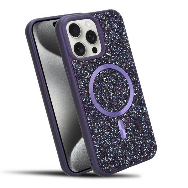Schutzhülle für iPhone 15 PRO Hülle in Lila kompatibel mit MagSafe Case Cover Glitzer Diamant Style
