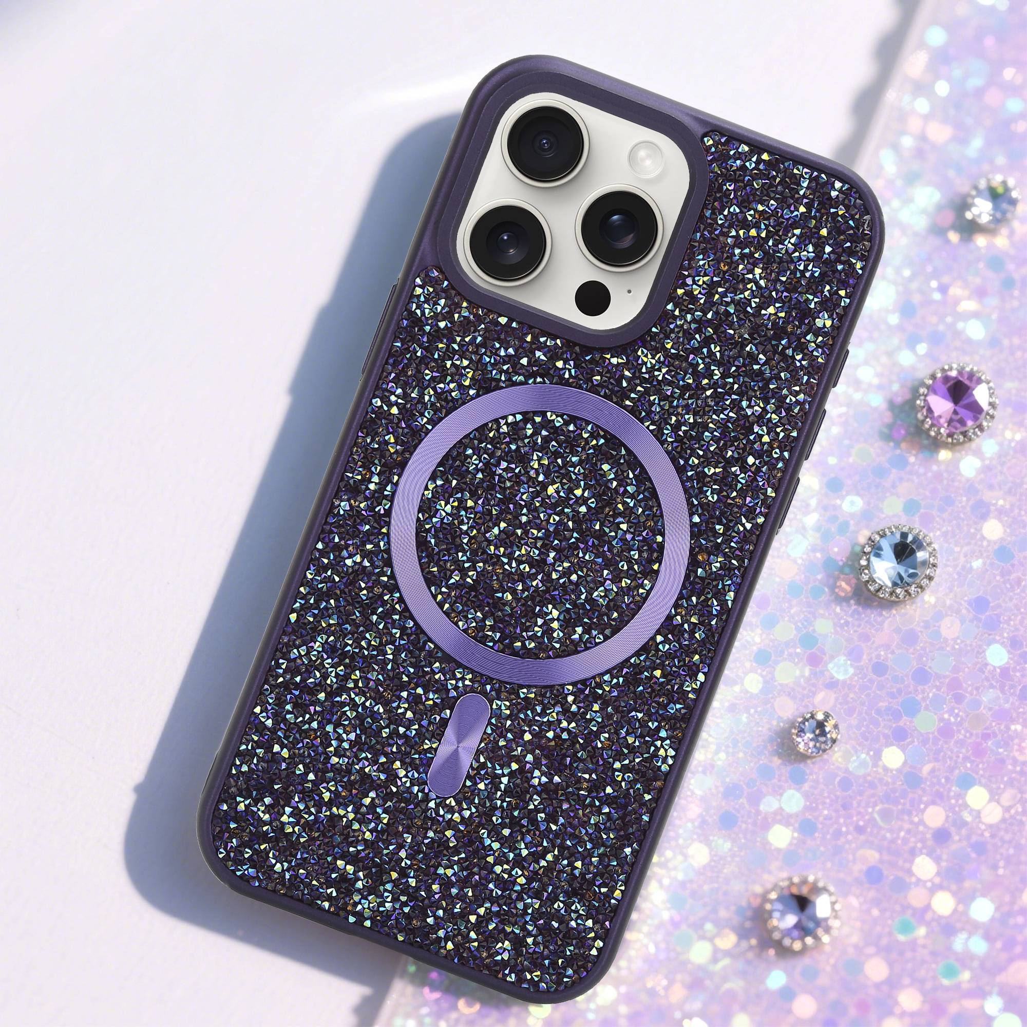 Schutzhülle für iPhone 15 PRO Hülle in Lila kompatibel mit MagSafe Case Cover Glitzer Diamant Style-1