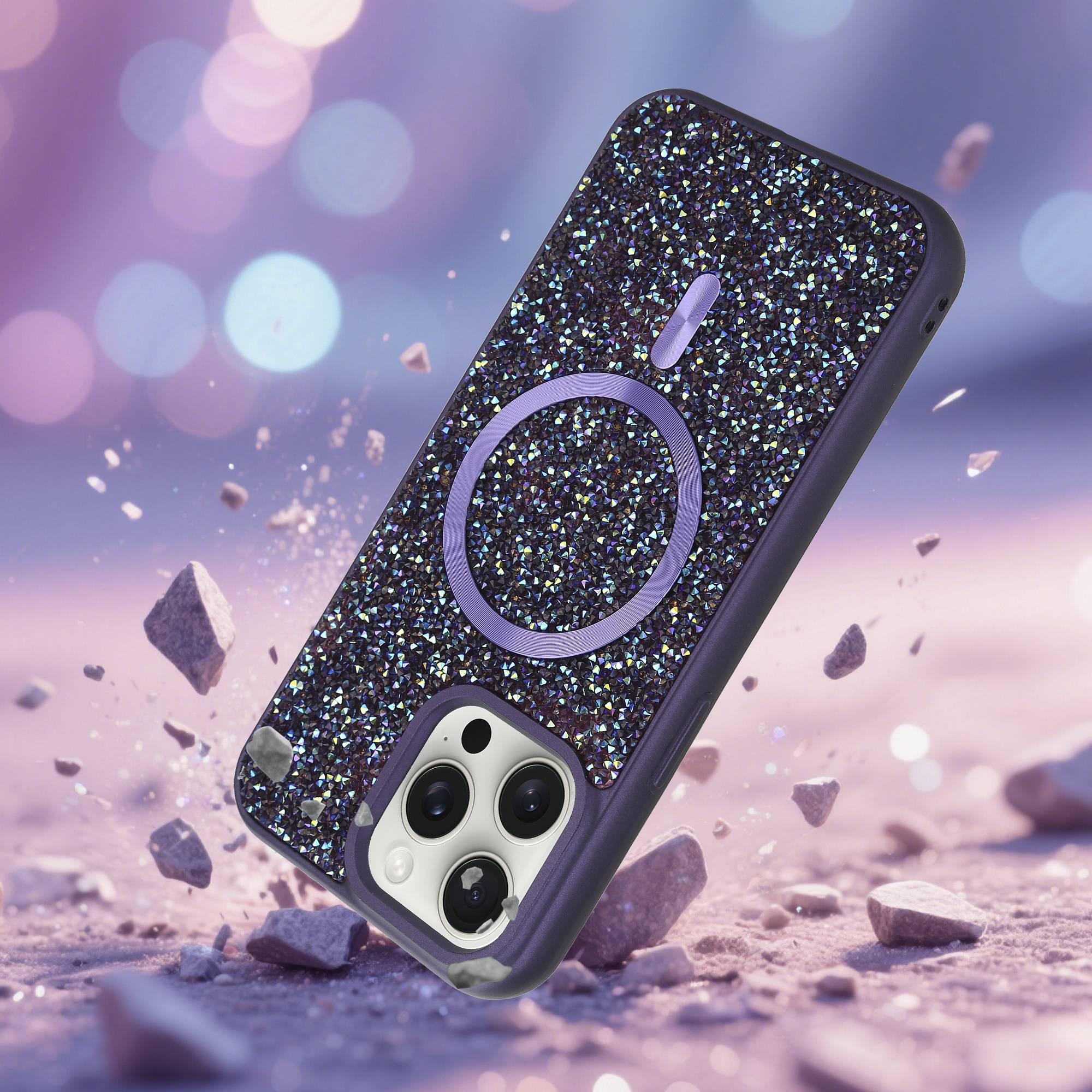 Schutzhülle für iPhone 15 PRO Hülle in Lila kompatibel mit MagSafe Case Cover Glitzer Diamant Style-2