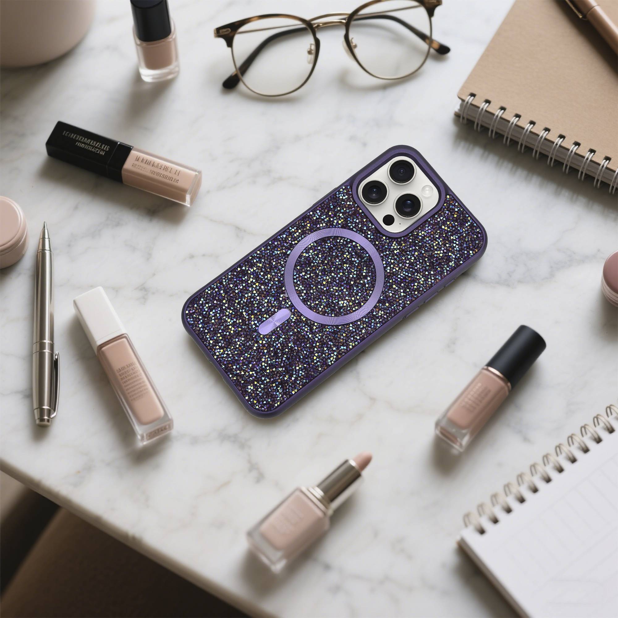 Schutzhülle für iPhone 15 PRO Hülle in Lila kompatibel mit MagSafe Case Cover Glitzer Diamant Style-4