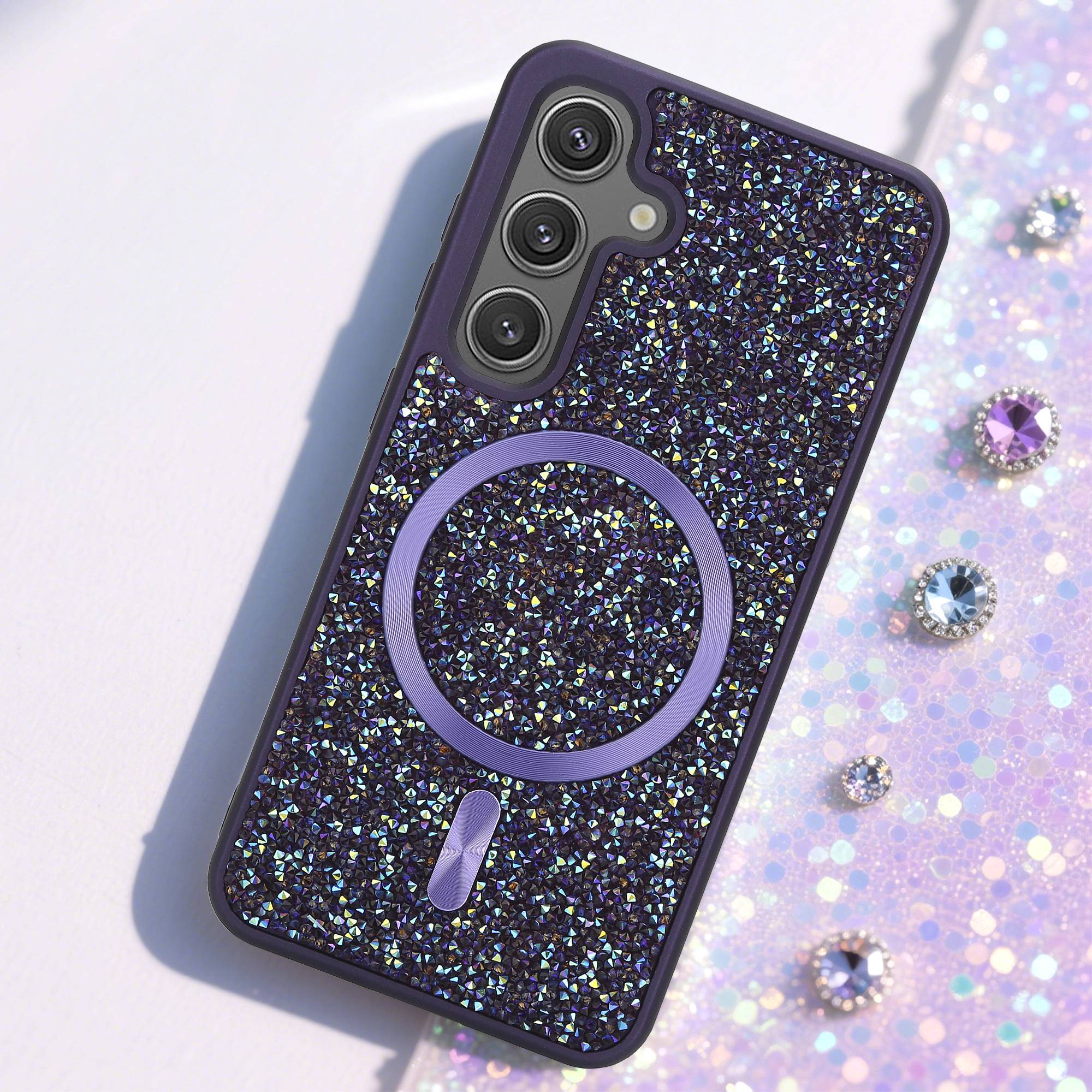 Schutzhülle für Samsung Galaxy S24 Hülle in Lila kompatibel mit MagSafe Case Cover Glitzer Diamant Style-1
