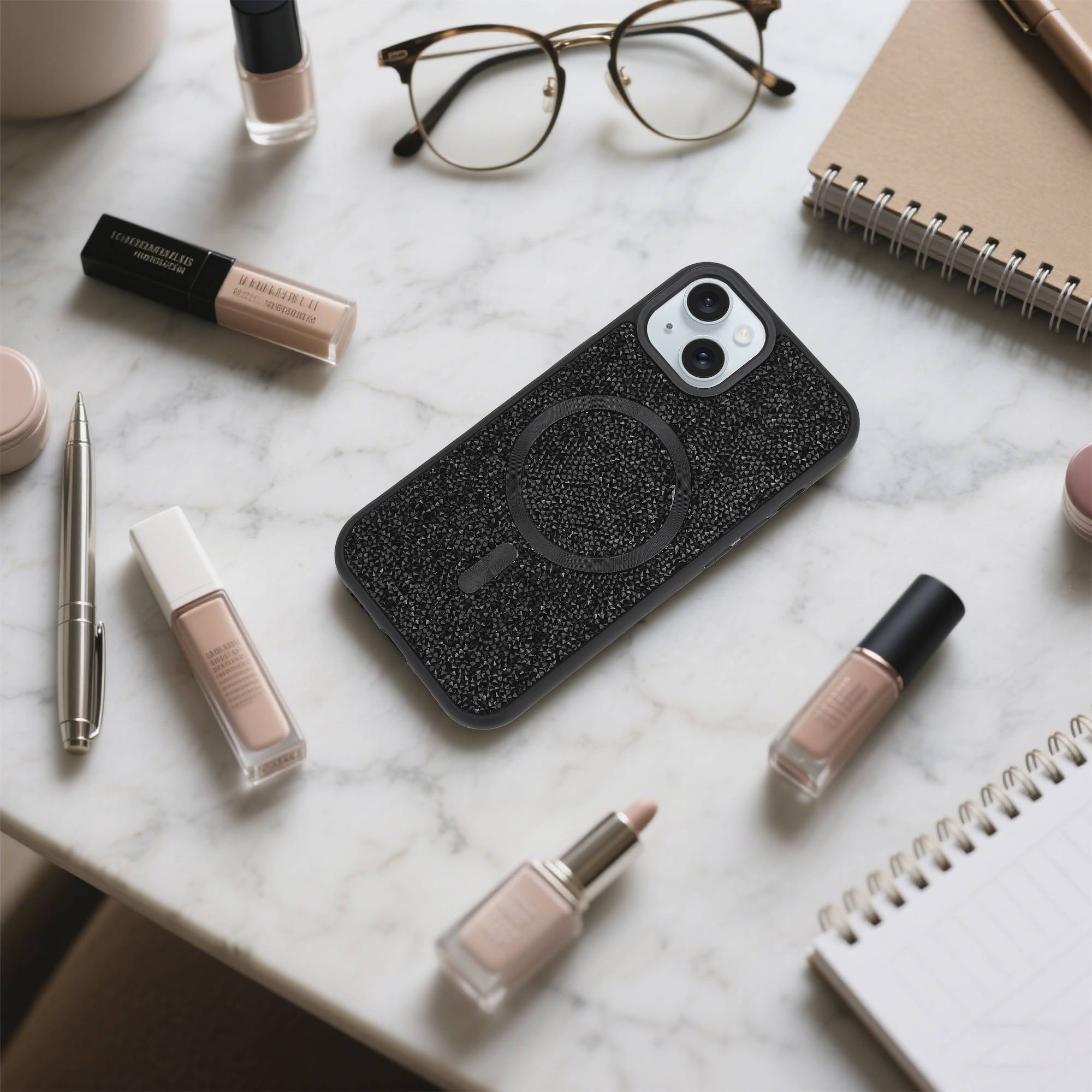 Schutzhülle für iPhone 15 Hülle in Schwarz kompatibel mit MagSafe Case Cover Glitzer Diamant Style-4