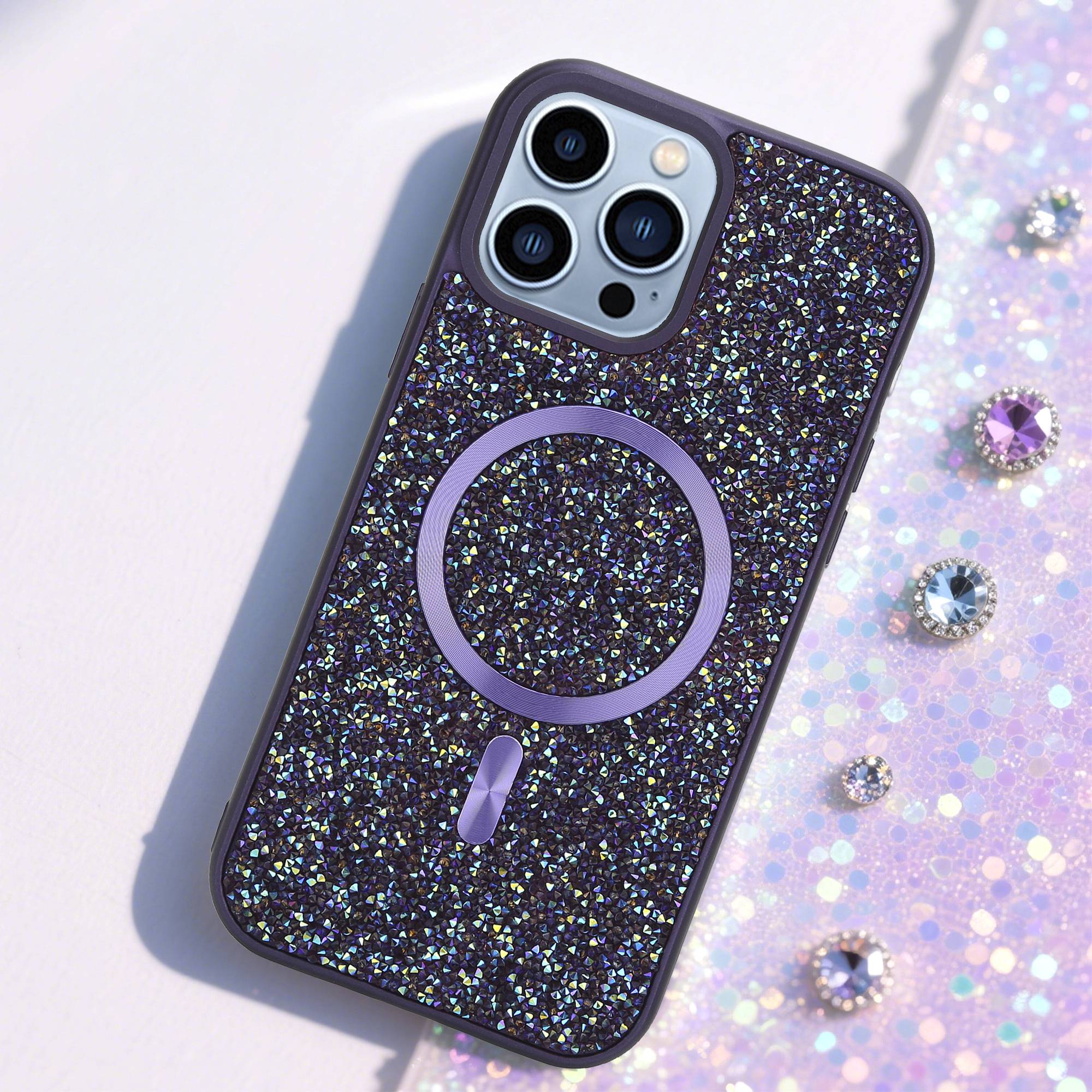 Schutzhülle für iPhone 13 PRO MAX Hülle in Lila kompatibel mit MagSafe Case Cover Glitzer Diamant Style-1