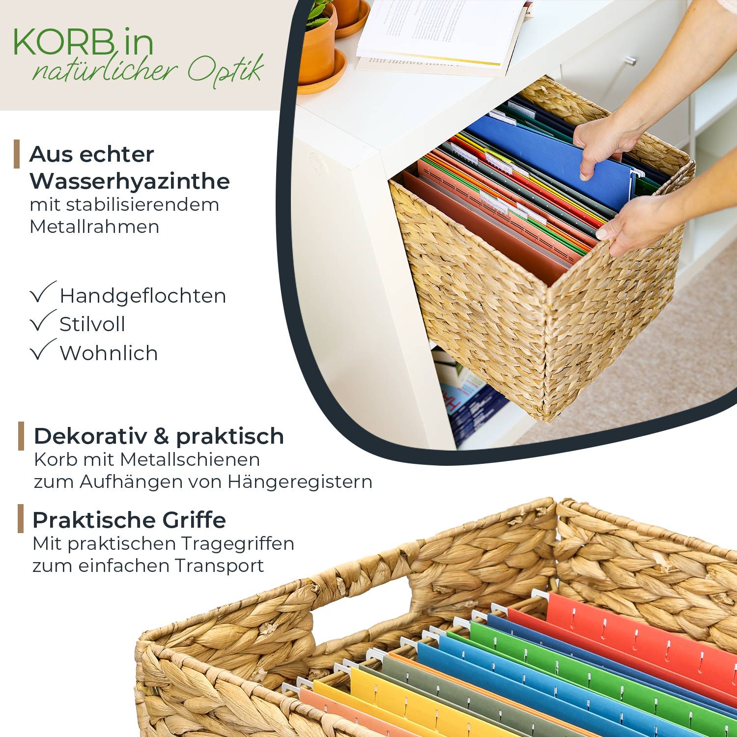 HMF Aufbewahrungskorb passend für Kallax für DIN A4 Hängeregister, Korb geflochten aus Wasserhyazinthe, 33 x 38 x 32 cm-2