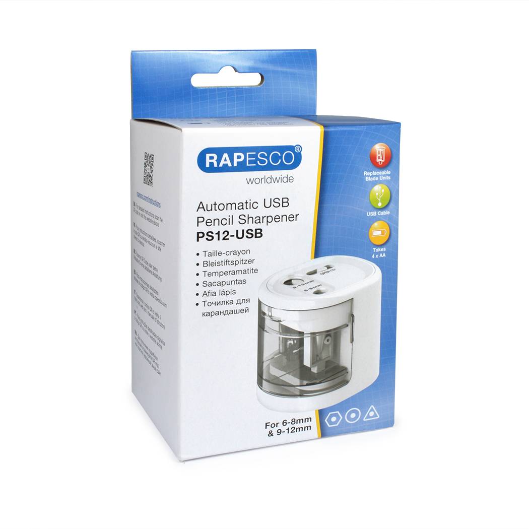 Rapesco PS12-USB, Elektrischer Bleistiftspitzer, Weiß, Kunststoff, Stahl, 1,2 cm, 6 mm-4