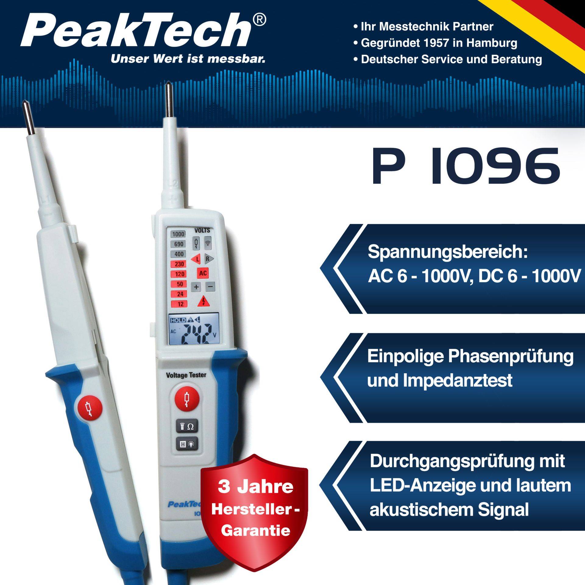 PeakTech P 1096 – Zweipoliger AC/DC-Spannungsprüfer mit LED-Anzeige-1