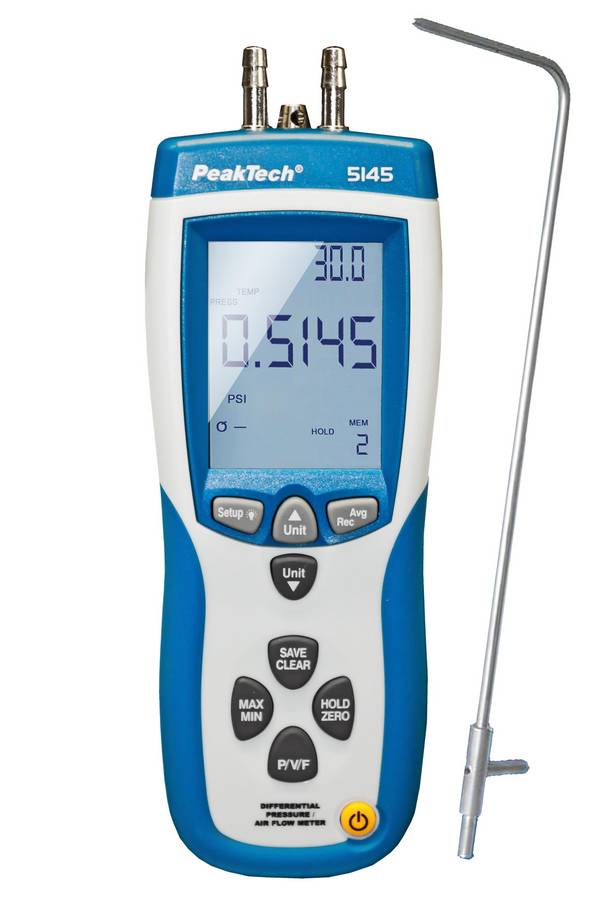 PeakTech P 5145 – Differenzdruck-Messgerät ~ 0 ... 50 mBar ~ mit Luftgeschwindigkeit und USB