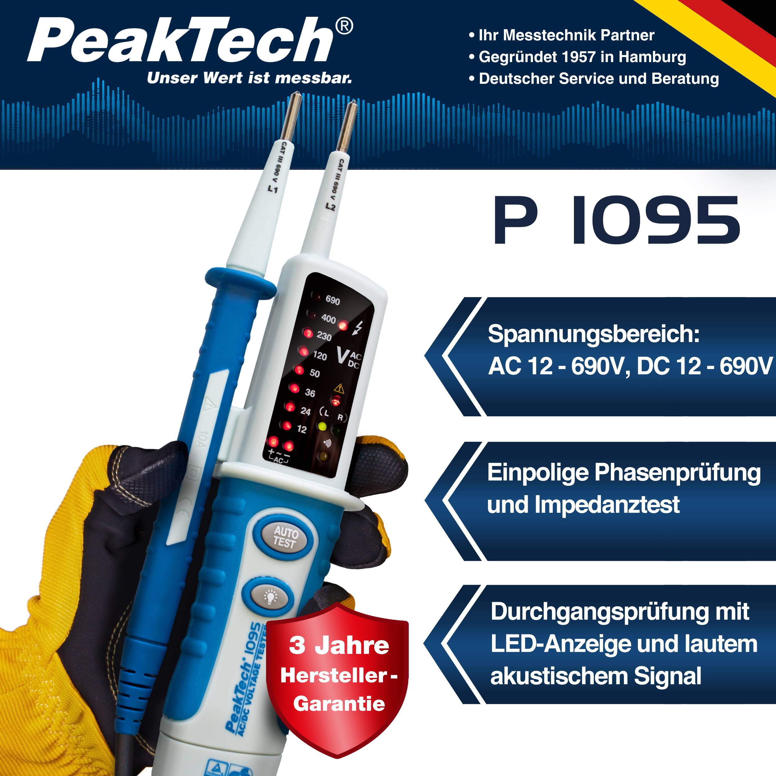 PeakTech P 1095 – Zweipoliger AC/DC-Spannungsprüfer mit LED-Anzeige ~ TÜV/GS-1