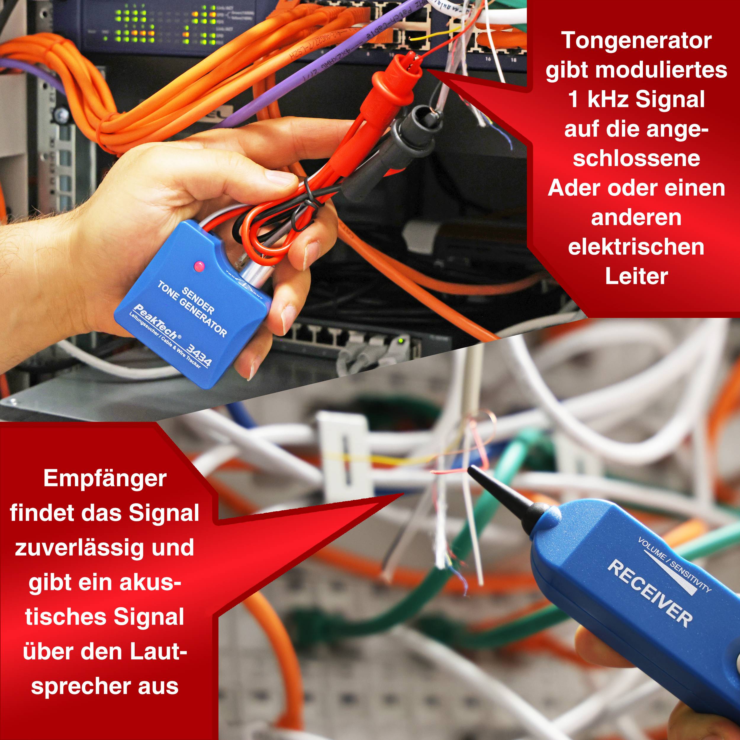 PeakTech P 3434 – Leitungssuchgerät / Stromkreisdetektor mit Sender & Empfänger-2