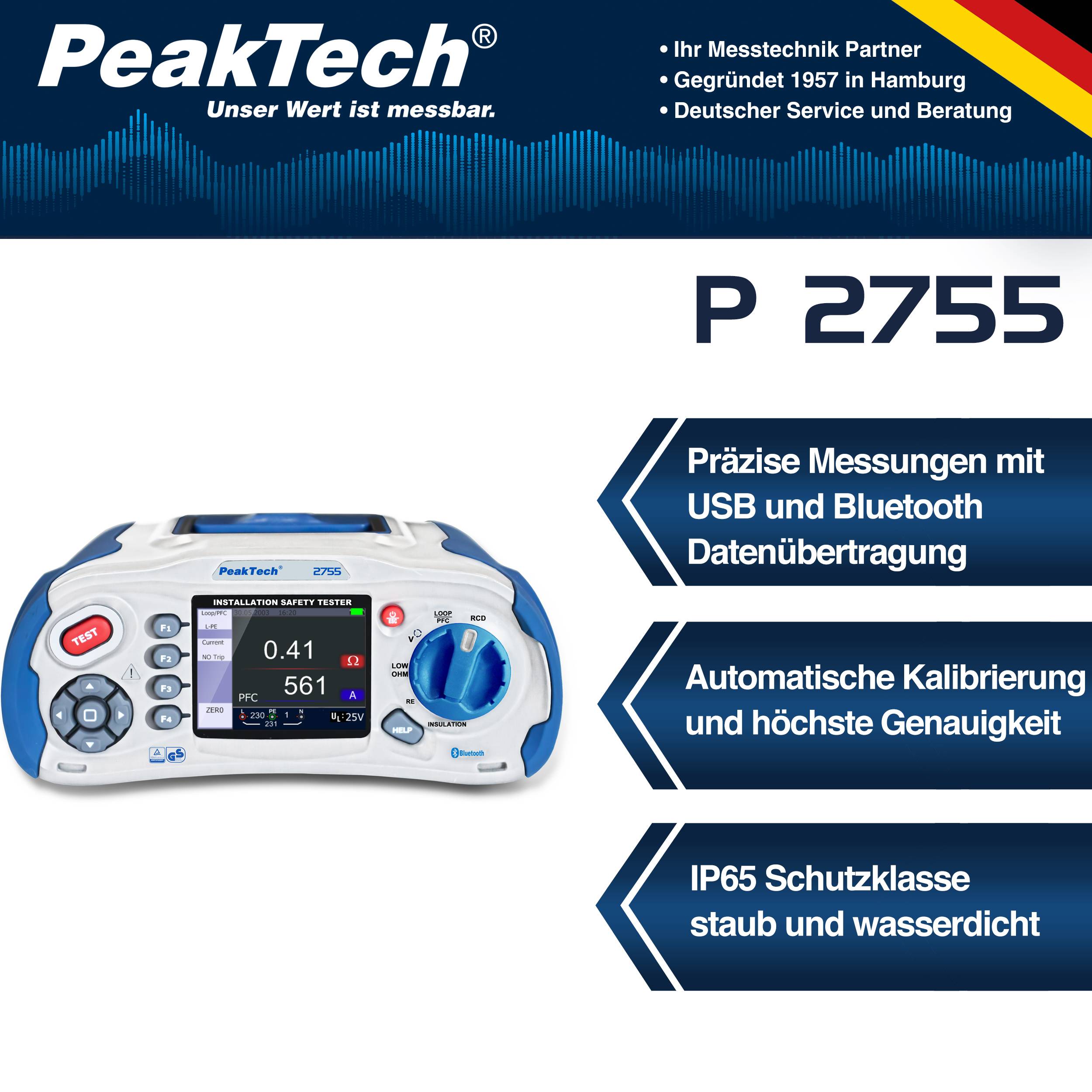 PeakTech P 2755 – VDE 0100 Installationstester mit Bluetooth-Schnittstelle und TFT-Anzeige-1