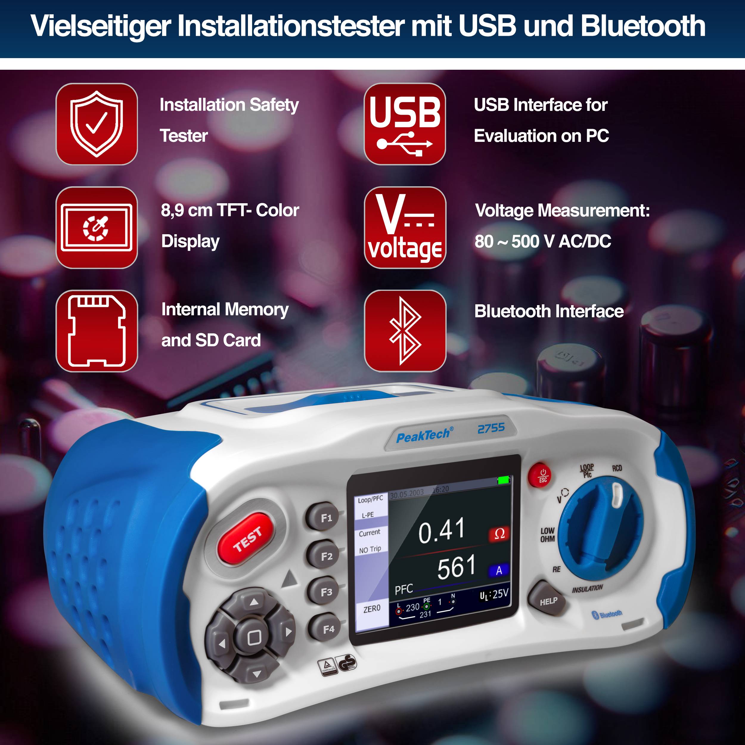 PeakTech P 2755 – VDE 0100 Installationstester mit Bluetooth-Schnittstelle und TFT-Anzeige-2