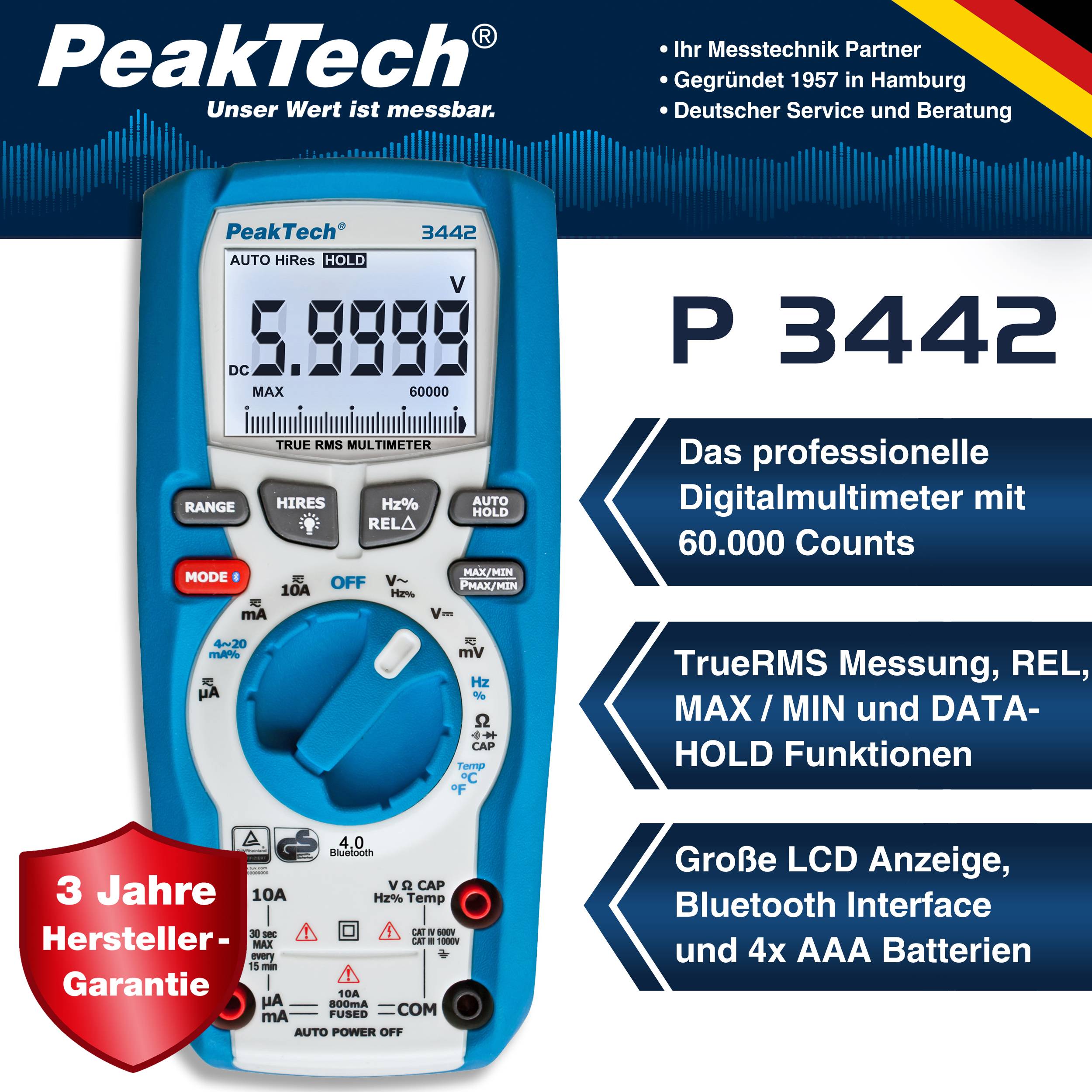 PeakTech P 3442 – True RMS Digitalmultimeter ~ 60.000 Counts ~ 1000V AC/DC, Bluetooth-1