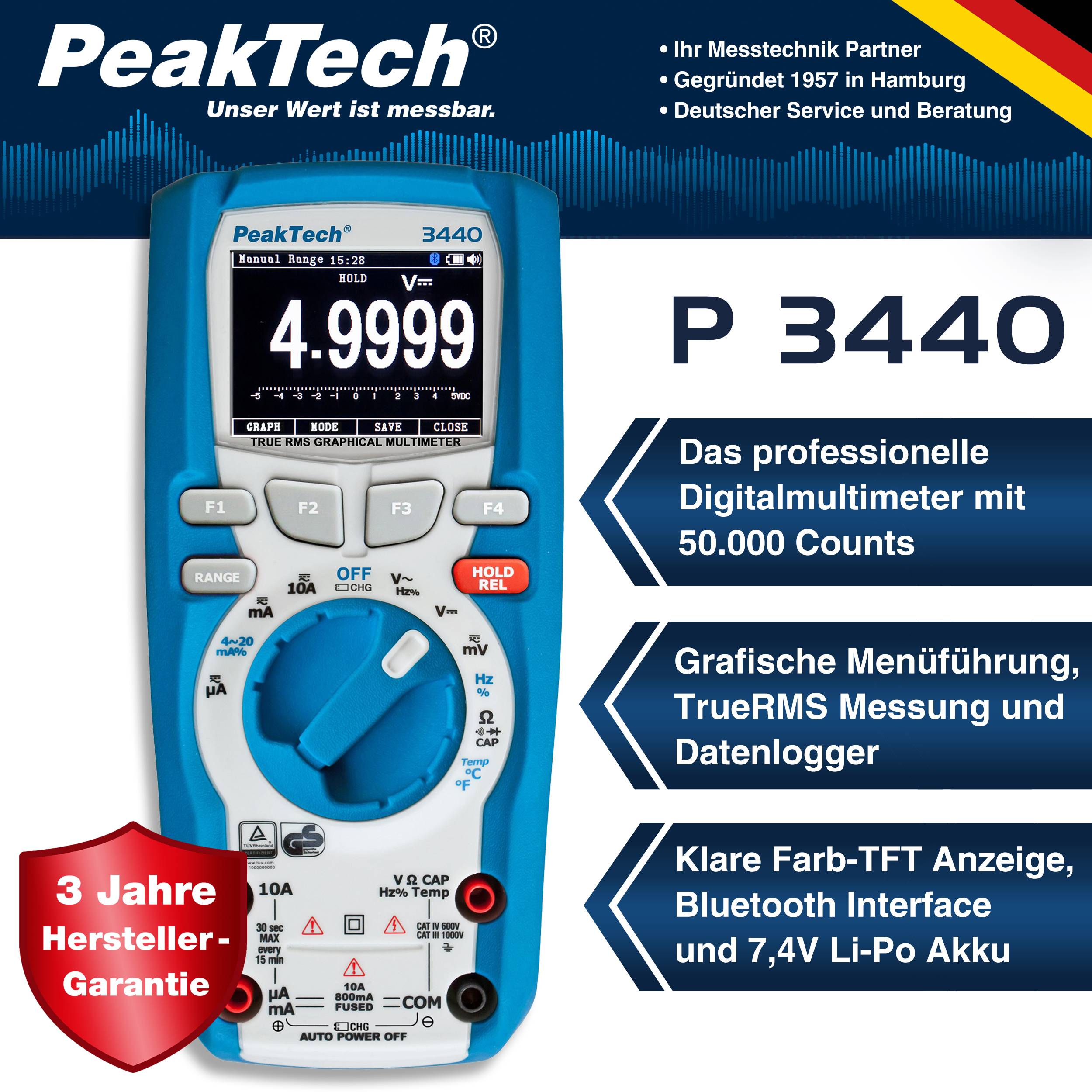 PeakTech P 3440 – Grafikmultimeter ~ 50.000 Counts ~1000V AC/DC mit TrueRMS, Bluetooth-1