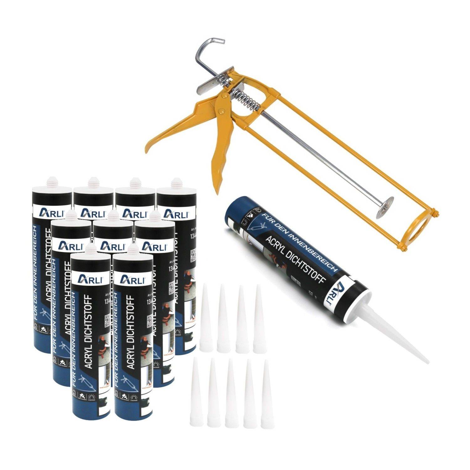 Kartuschenpresse aus Metall + 10x Acryl 310 ml Dichtstoff Weiß Bauacryl-0