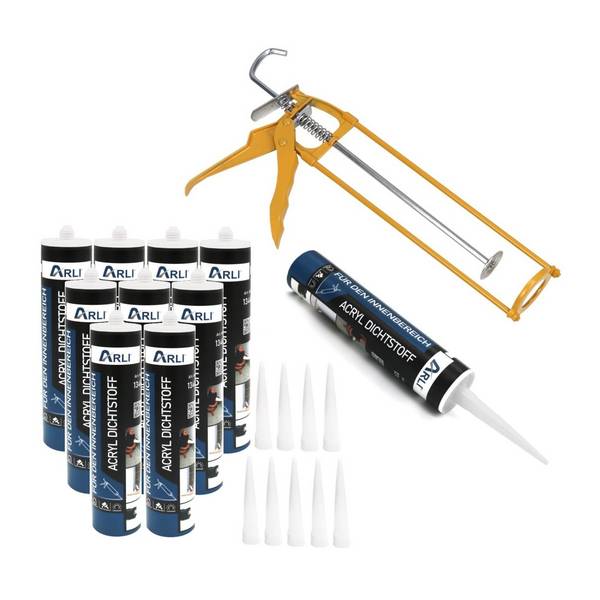 Kartuschenpresse aus Metall + 10x Acryl 310 ml Dichtstoff Weiß Bauacryl