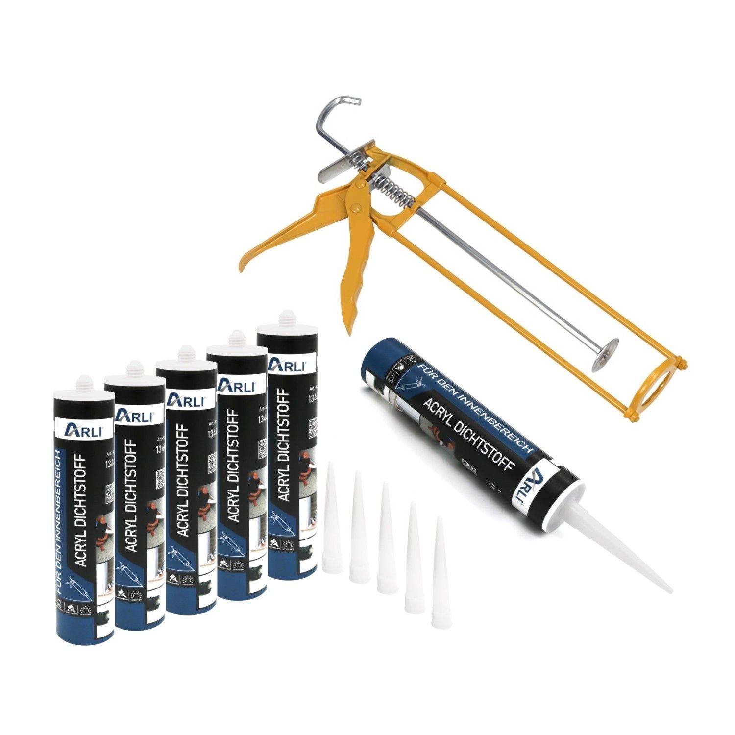 Kartuschenpresse aus Metall + 6x Acryl 310 ml Dichtstoff Weiß Bauacryl-0