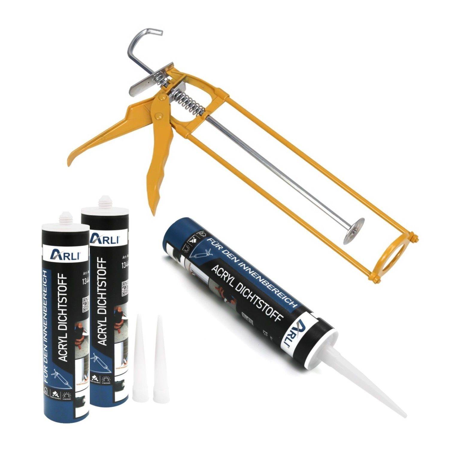 Kartuschenpresse aus Metall + 3x Acryl 310 ml Dichtstoff Weiß Bauacryl-0