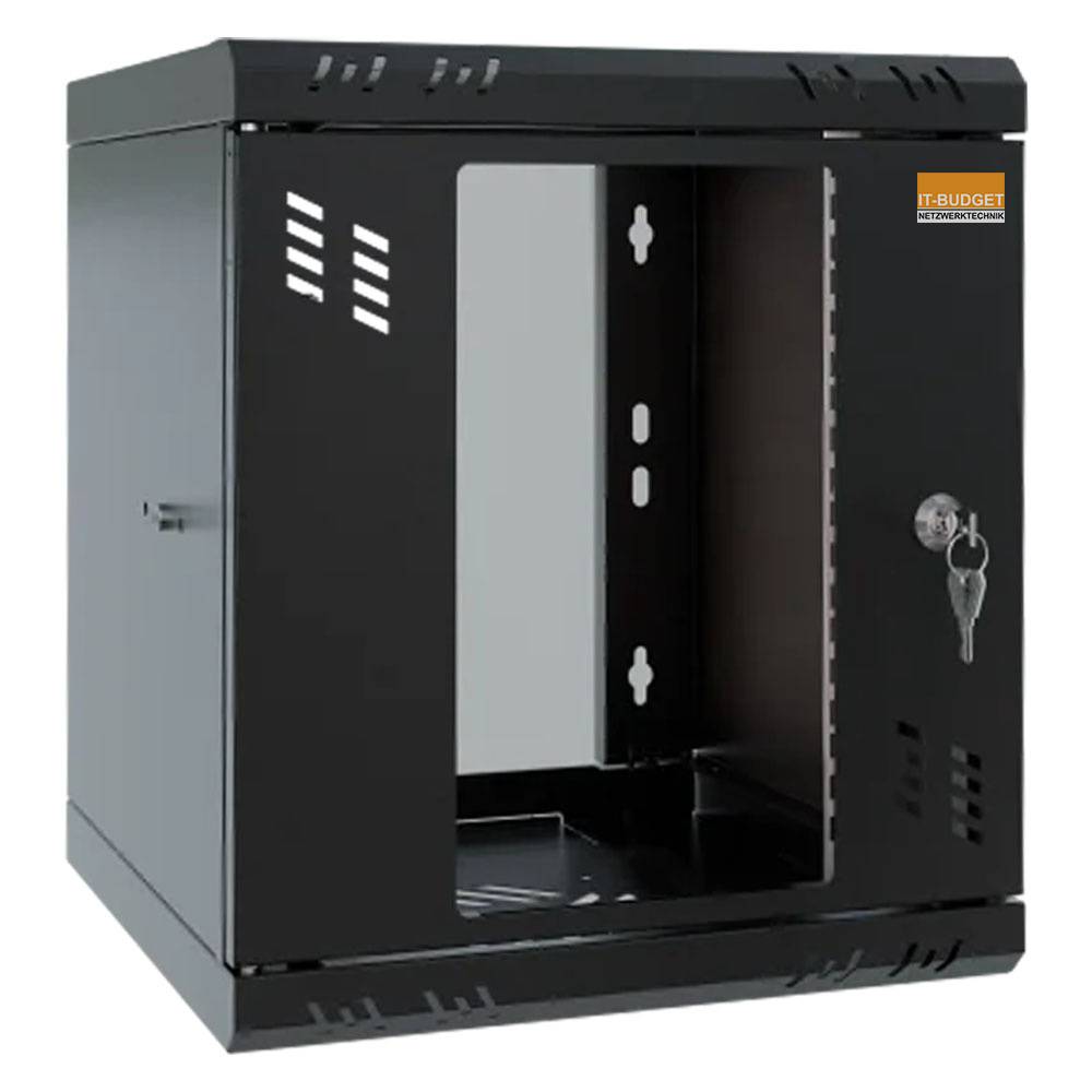 10 Zoll Wandgehäuse inkl. 10 Fachboden 6 HE 300 mm Tiefe Sichttür mit Schloss schwarz-4