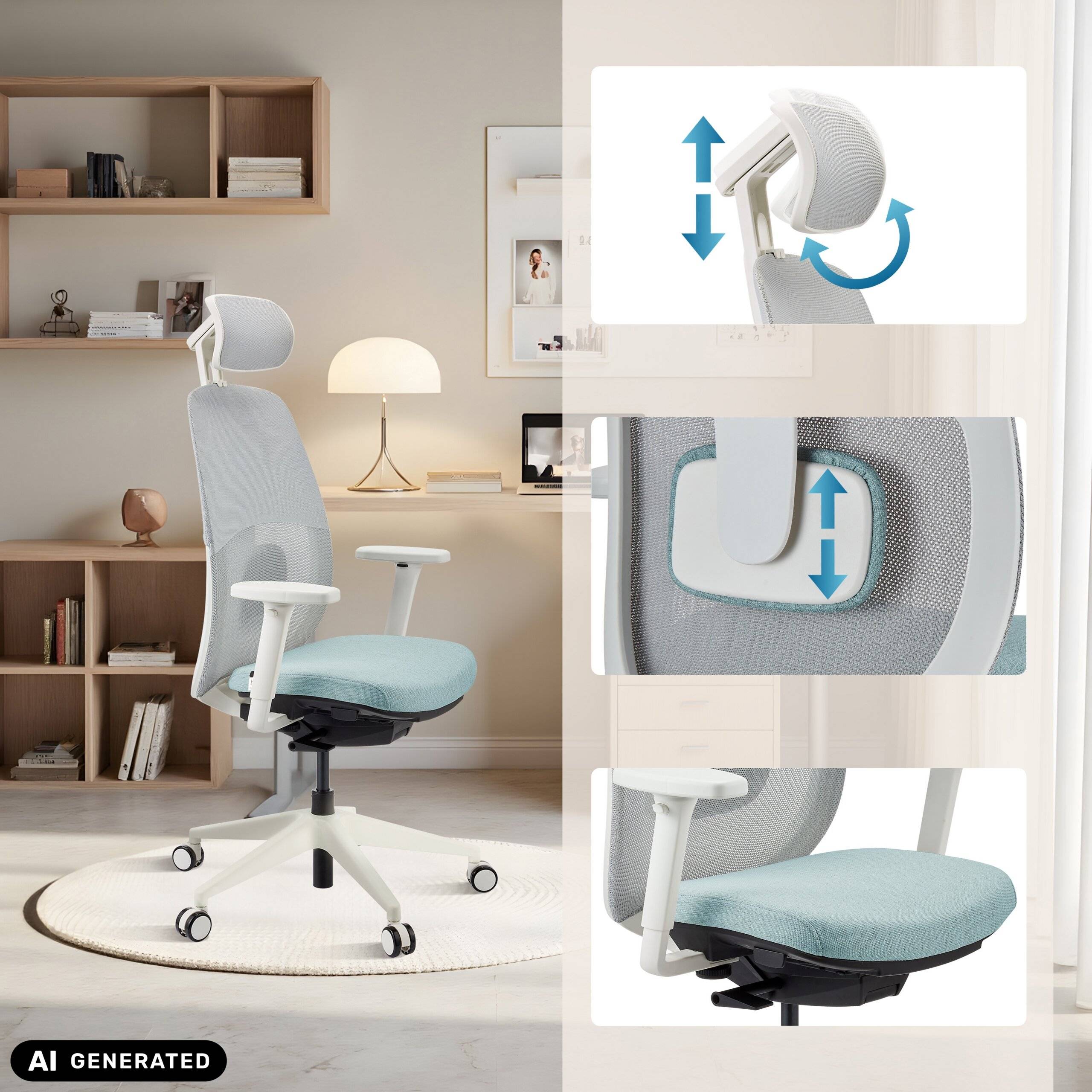 Ergonomischer Bürostuhl Skandis Pro mit Kopfstütze mint Gestell weiß hjh OFFICE-3