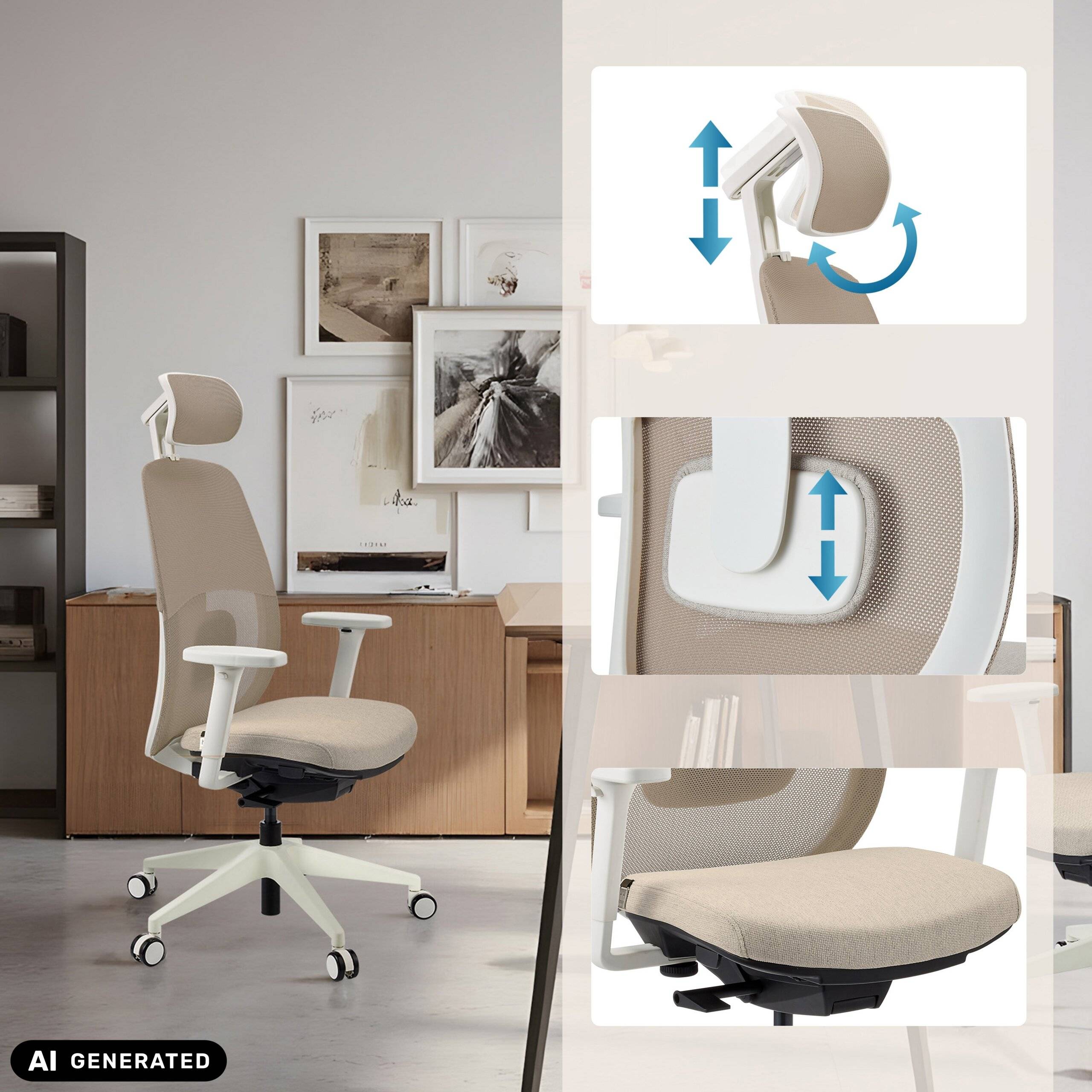 Ergonomischer Bürostuhl Skandis Pro mit Kopfstütze beige Gestell weiß hjh OFFICE-3