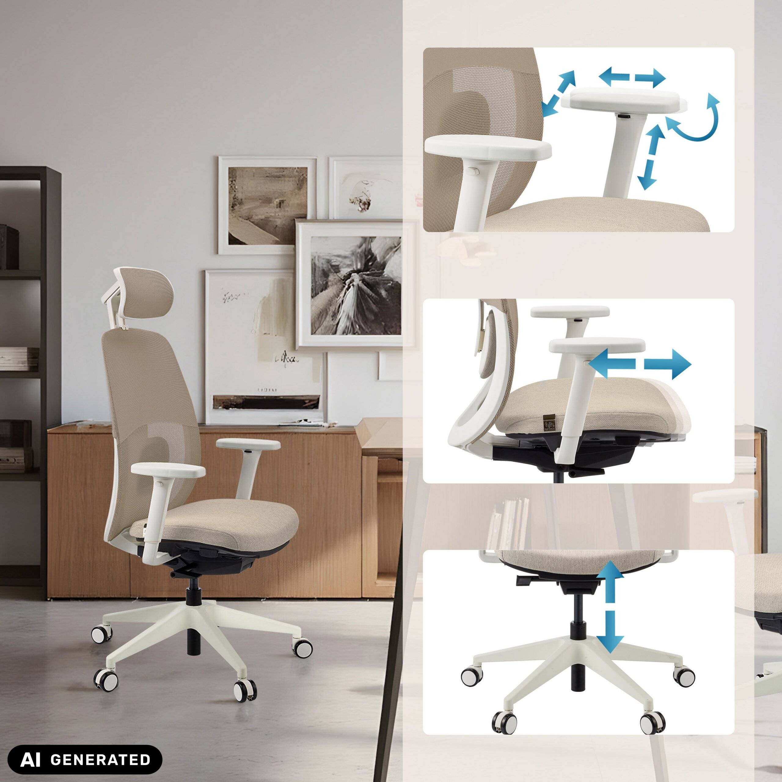 Ergonomischer Bürostuhl Skandis Pro mit Kopfstütze beige Gestell weiß hjh OFFICE-4