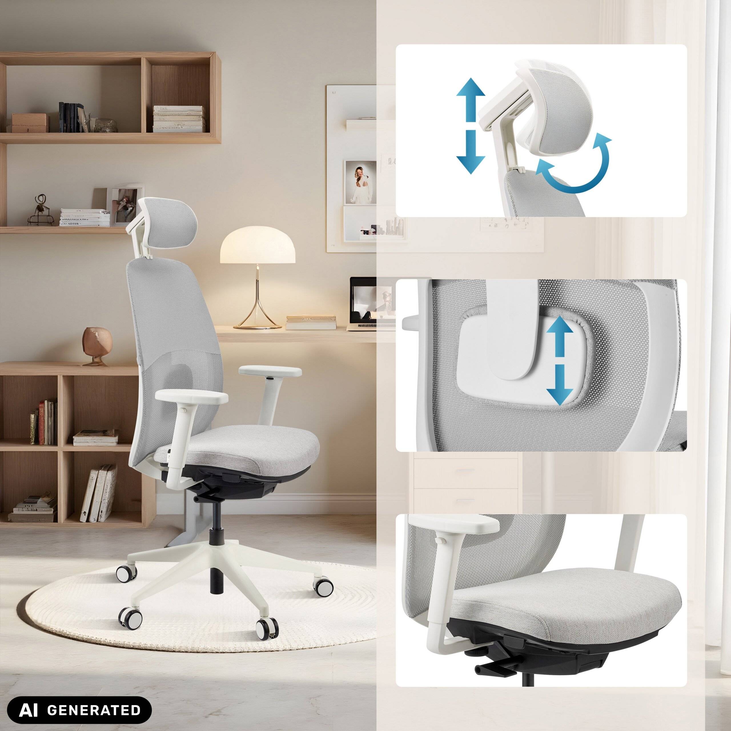 Ergonomischer Bürostuhl Skandis Pro mit Kopfstütze grau Gestell weiß hjh OFFICE-3