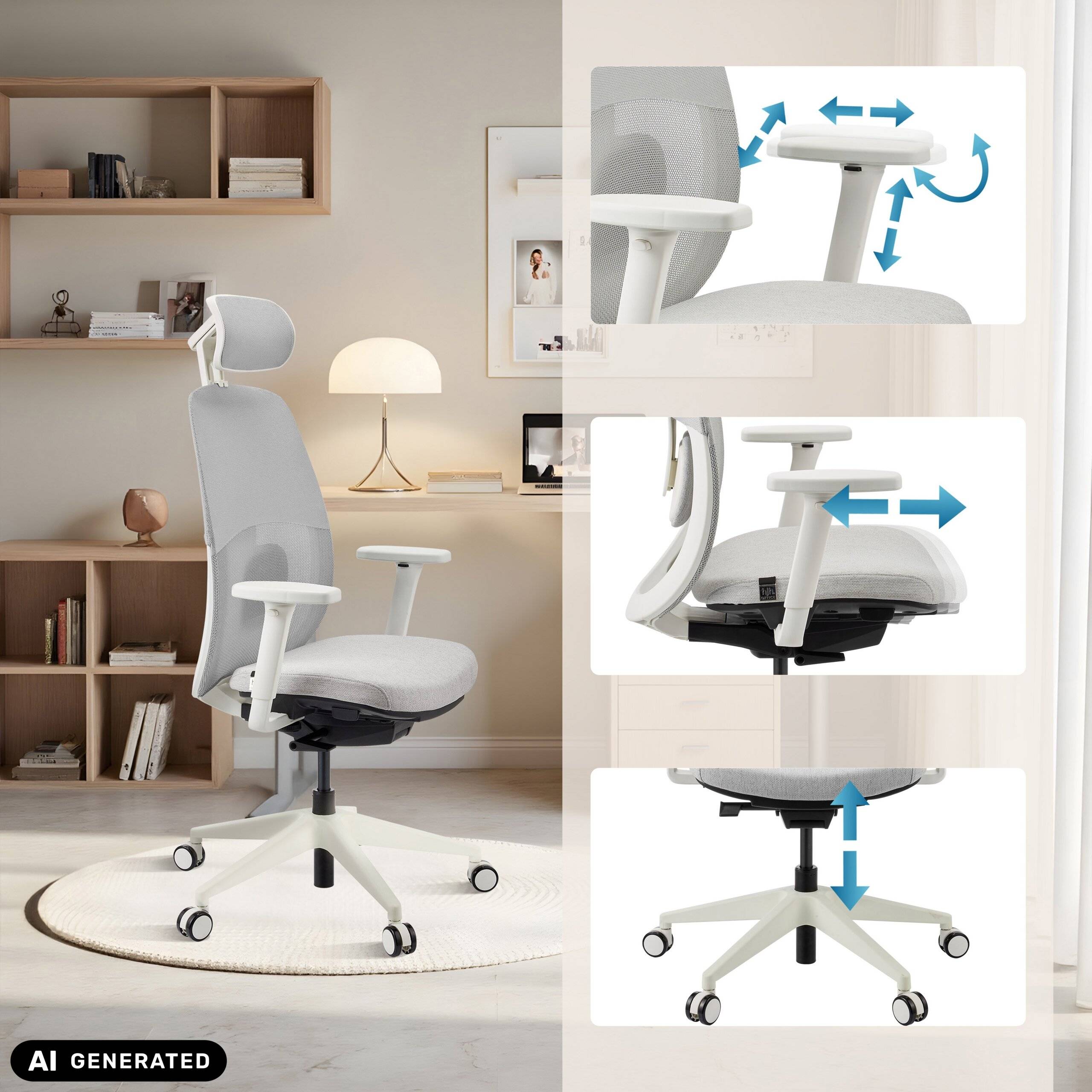 Ergonomischer Bürostuhl Skandis Pro mit Kopfstütze grau Gestell weiß hjh OFFICE-4