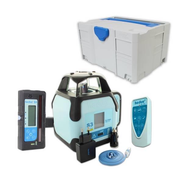 hedue® Rotationslaser S3 - Digitaler Neigungslaser im Systainer mit Laserempfänger E4, Fernbedienung und USB-Ladegerät