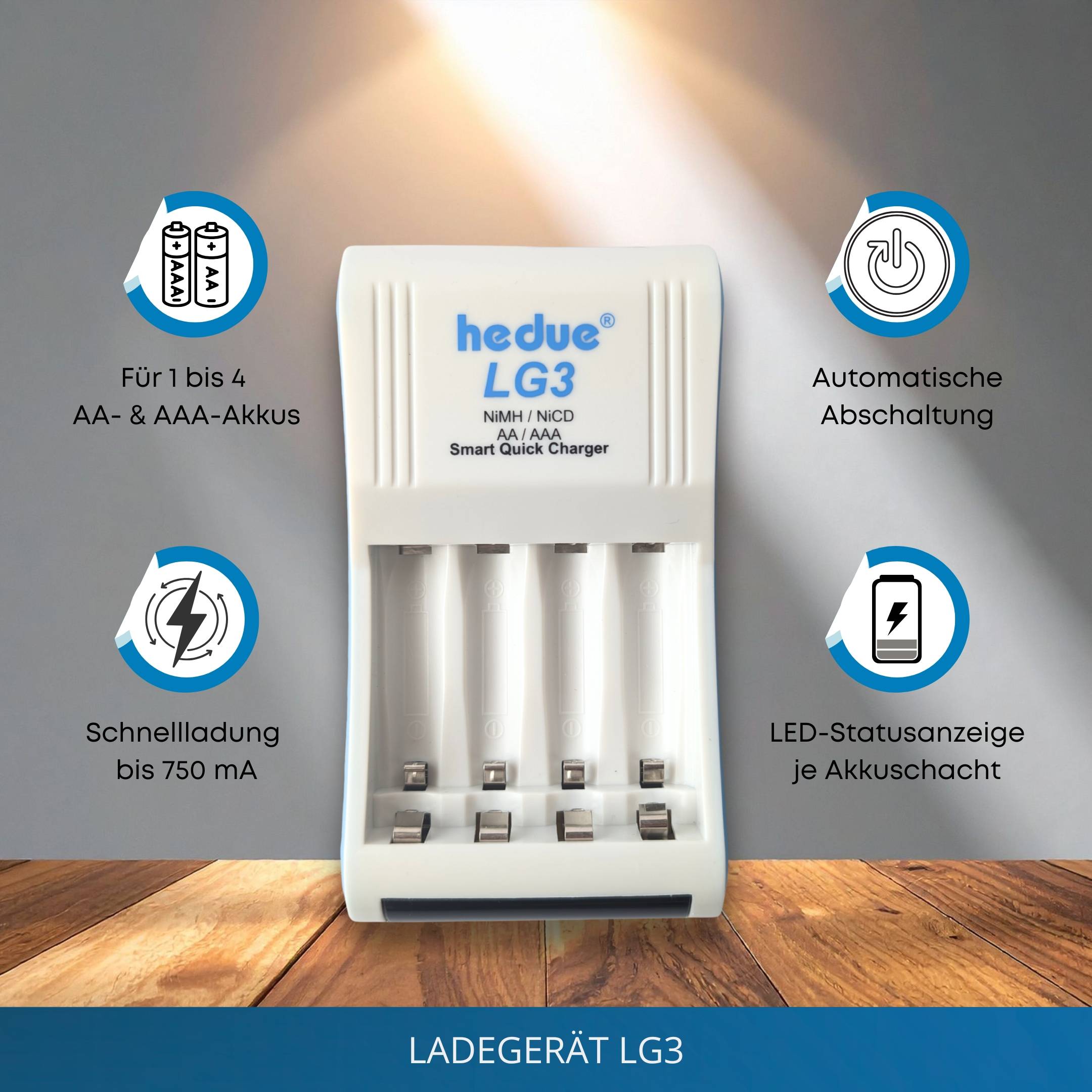 hedue® Ladegerät LG3 mit 4 Akkus 2100 mAh-2