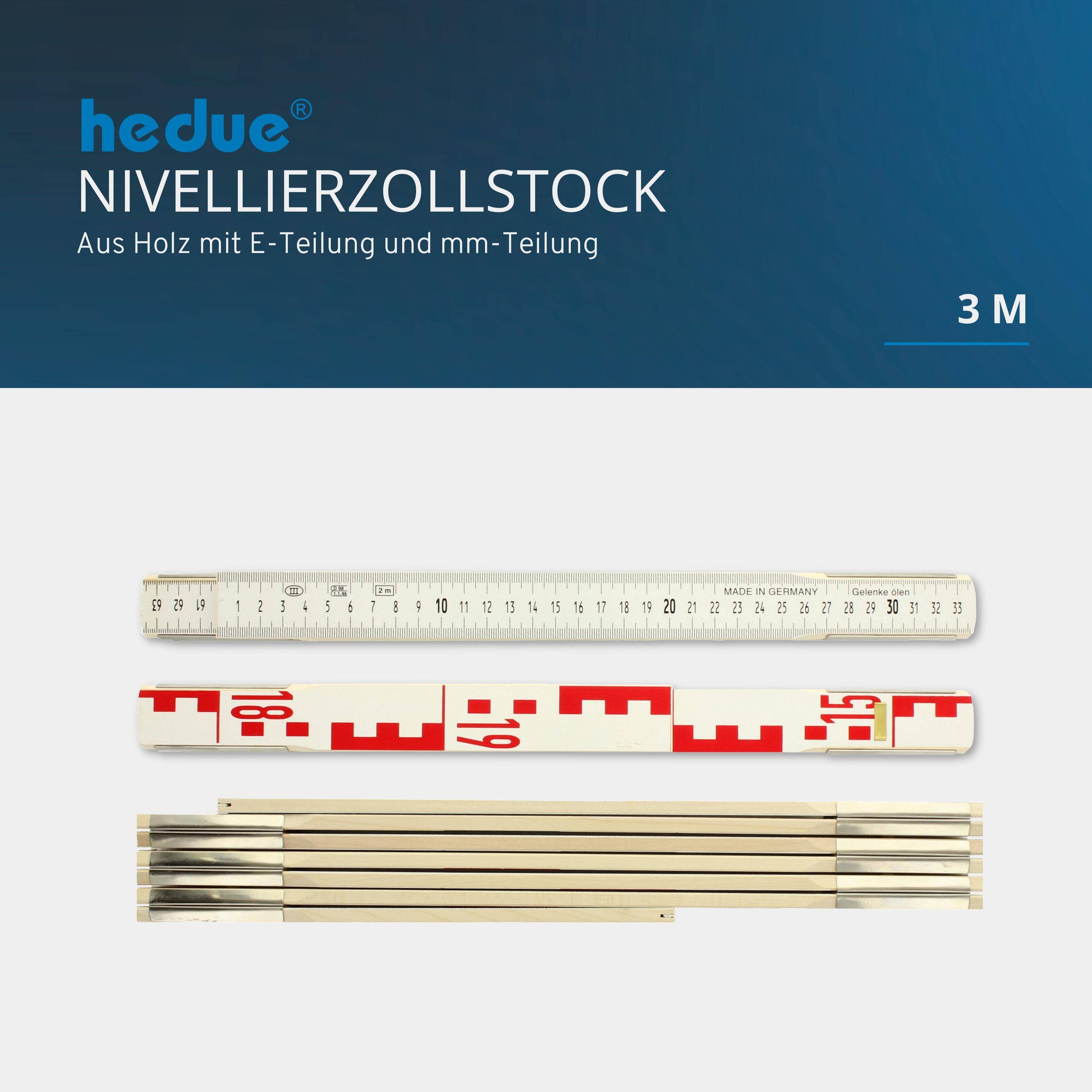 hedue® Nivellierzollstock 3 m - Geometer-Maßstab/Zollstock mit E-Teilung auf Vorderseite und mm-Skala auf Rückseite-1