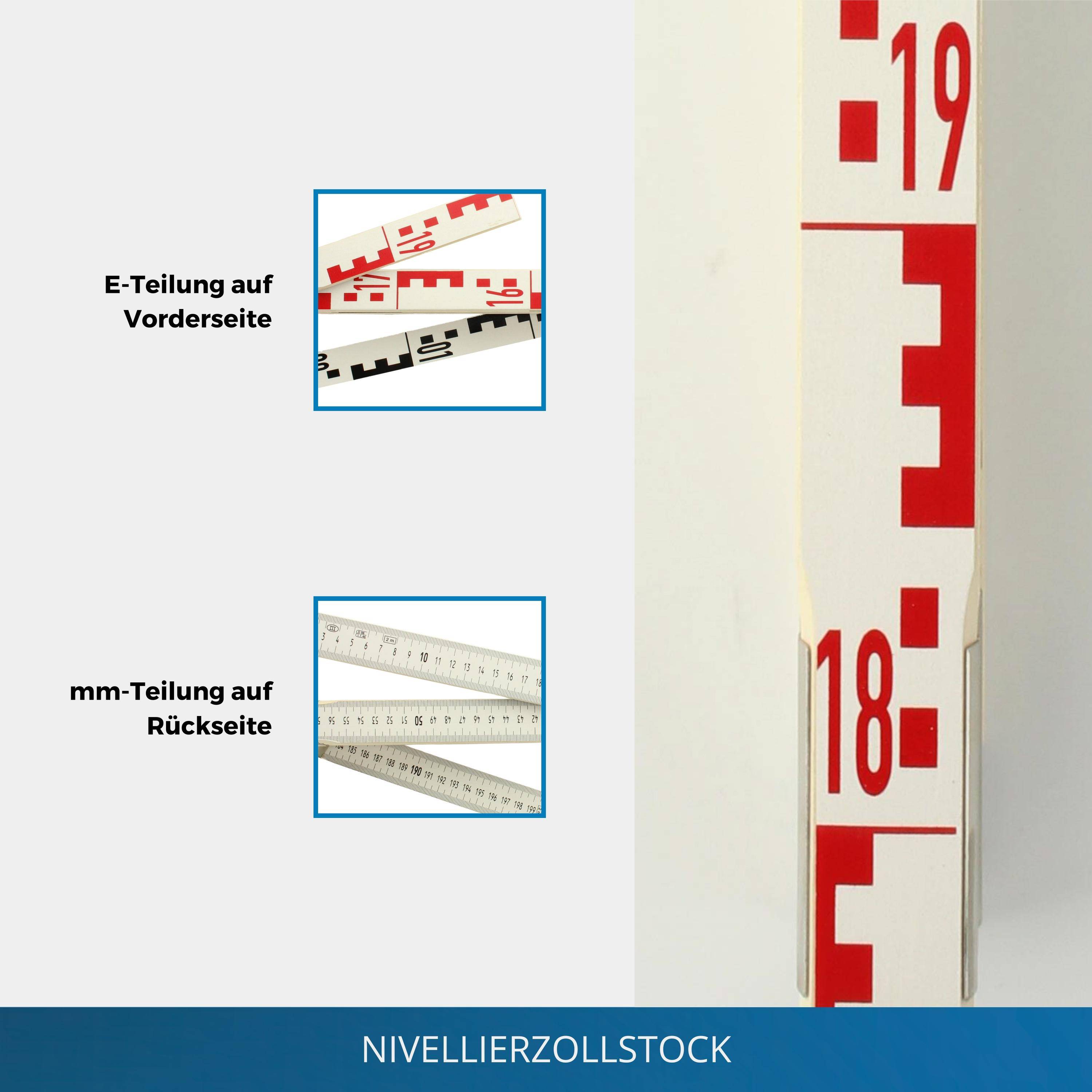 hedue® Nivellierzollstock 3 m - Geometer-Maßstab/Zollstock mit E-Teilung auf Vorderseite und mm-Skala auf Rückseite-2