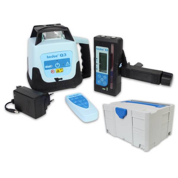 hedue® Rotationslaser Q3 - Baulaser mit zwei Laserklassen, Laserempfänger E4, Fernbedienung und Ladegerät, im Systainer